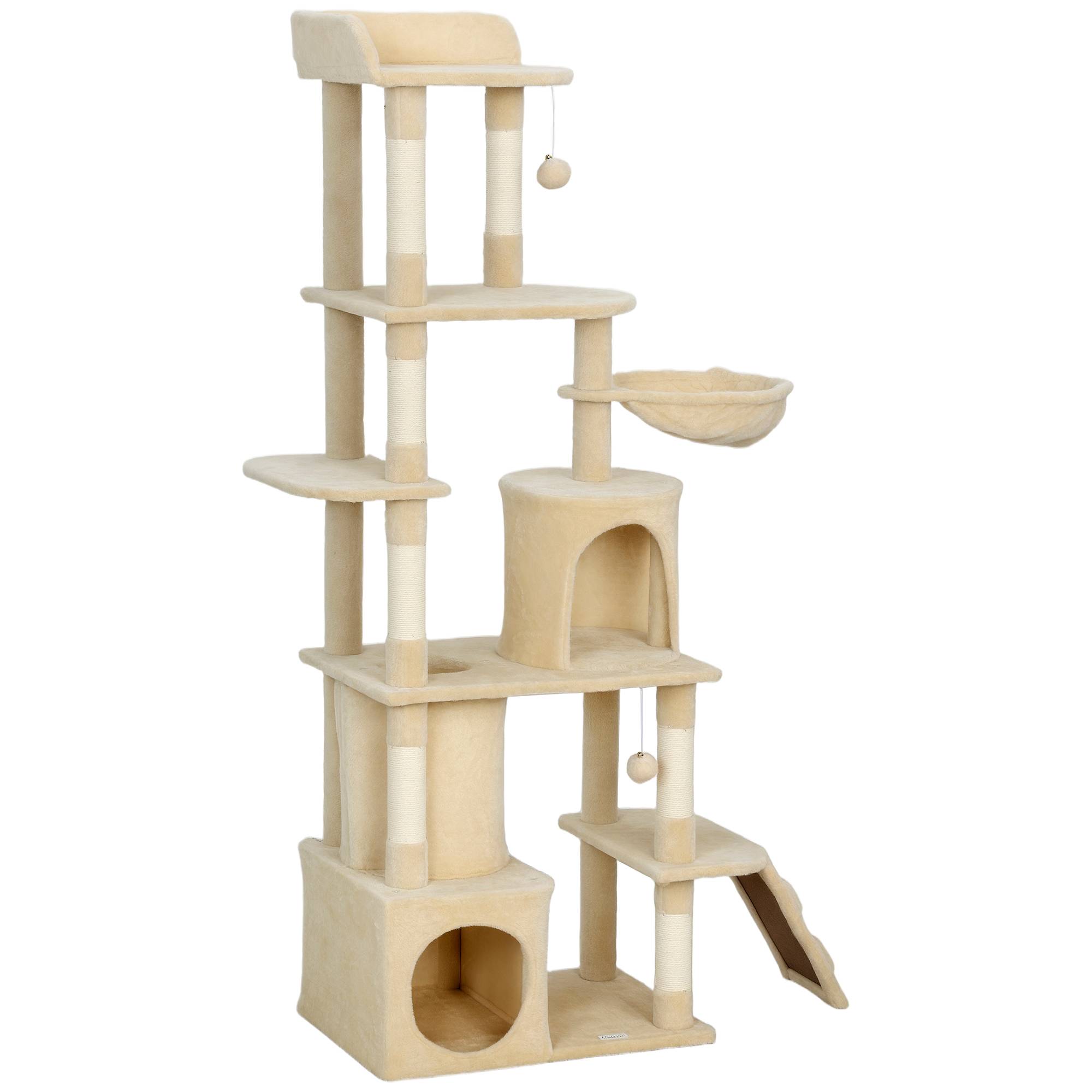 Arbre à chat beige géant 170 cm, 7 poteaux, 1 tunnel, 3 plateformes, 2 grottes, 1 hamac, très grand format - Image 2