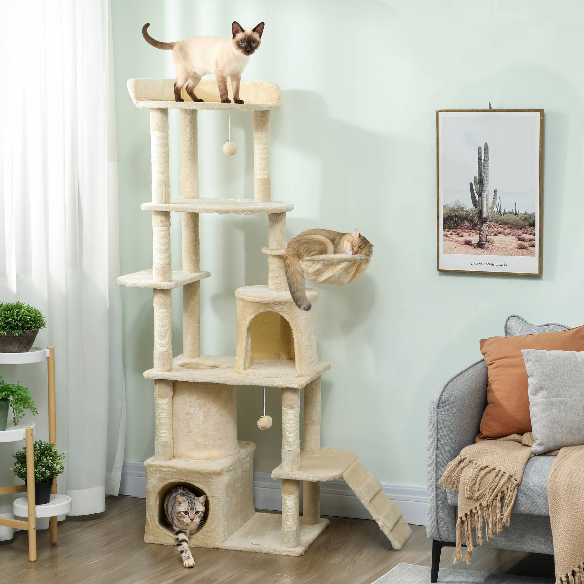 Arbre à chat beige géant 170 cm, 7 poteaux, 1 tunnel, 3 plateformes, 2 grottes, 1 hamac, très grand format - Image 3