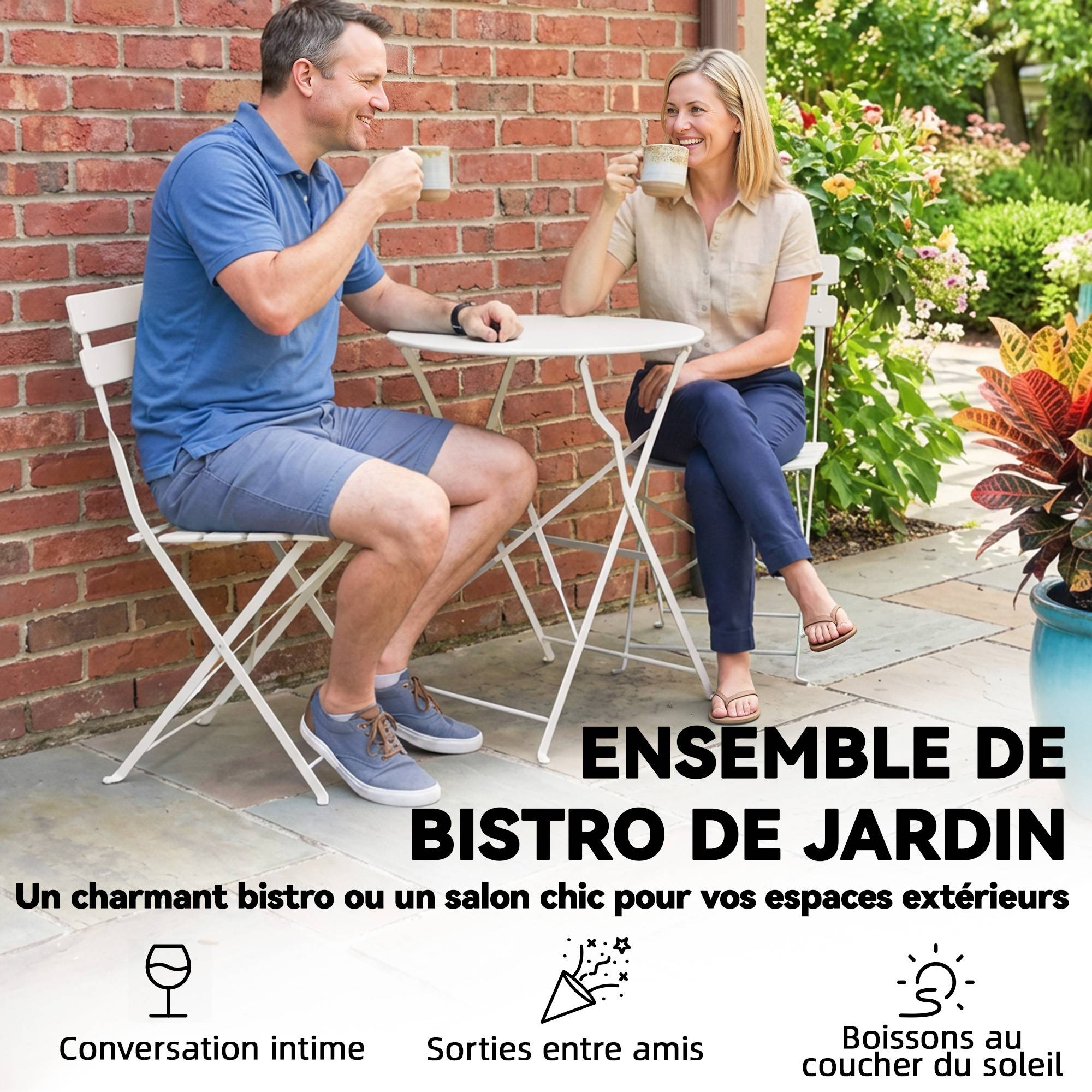 Ensemble Bistrot de Jardin 3 Pièces Table et 2 Chaises Pliantes à Lattes Double Protection Antirouille Crème - Image 7
