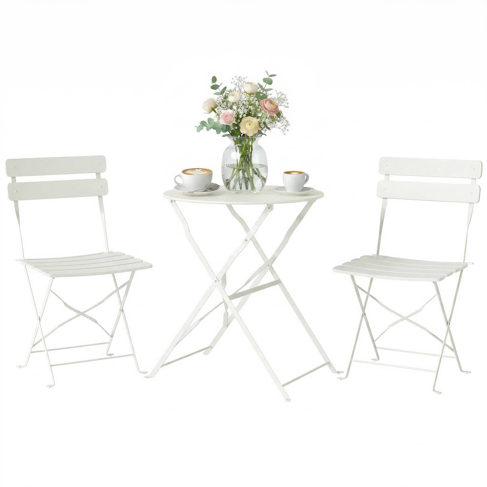 Ensemble Bistrot de Jardin 3 Pièces Table et 2 Chaises Pliantes à Lattes Double Protection Antirouille Crème - Image 1