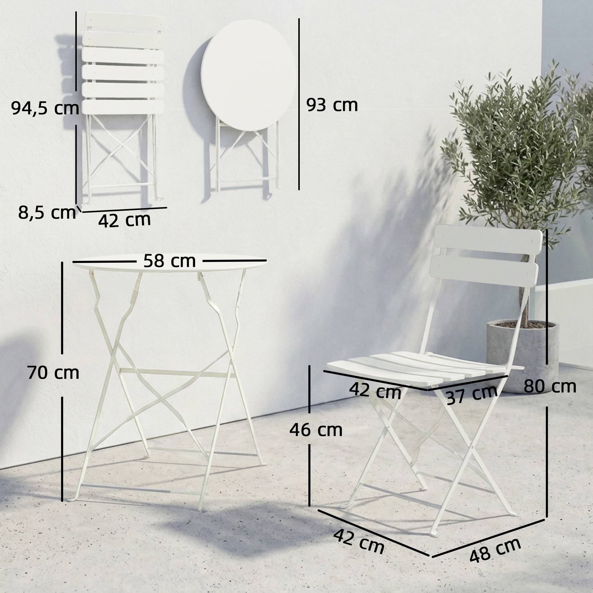 Ensemble Bistrot de Jardin 3 Pièces Table et 2 Chaises Pliantes à Lattes Double Protection Antirouille Crème - Image 5