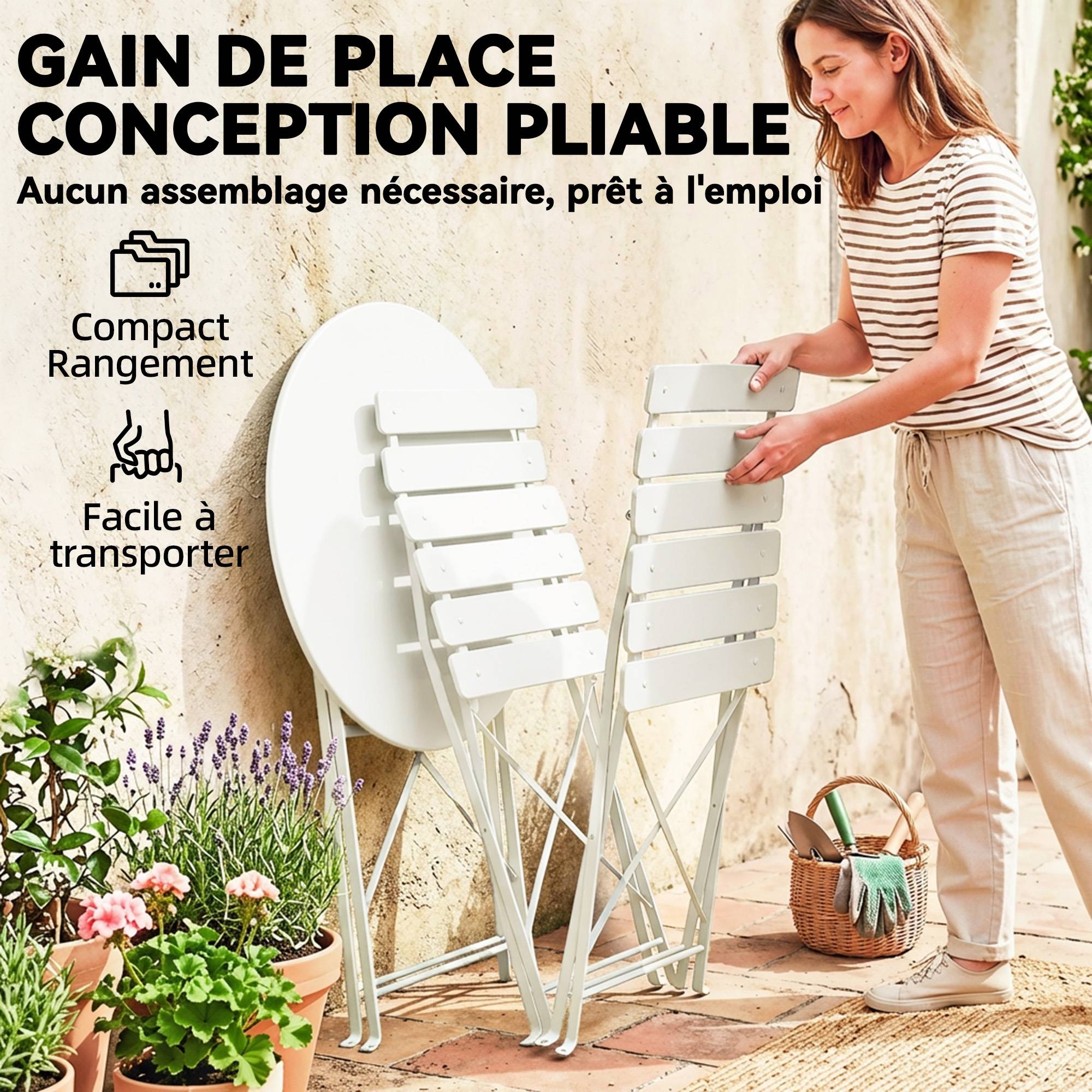 Ensemble Bistrot de Jardin 3 Pièces Table et 2 Chaises Pliantes à Lattes Double Protection Antirouille Crème - Image 8