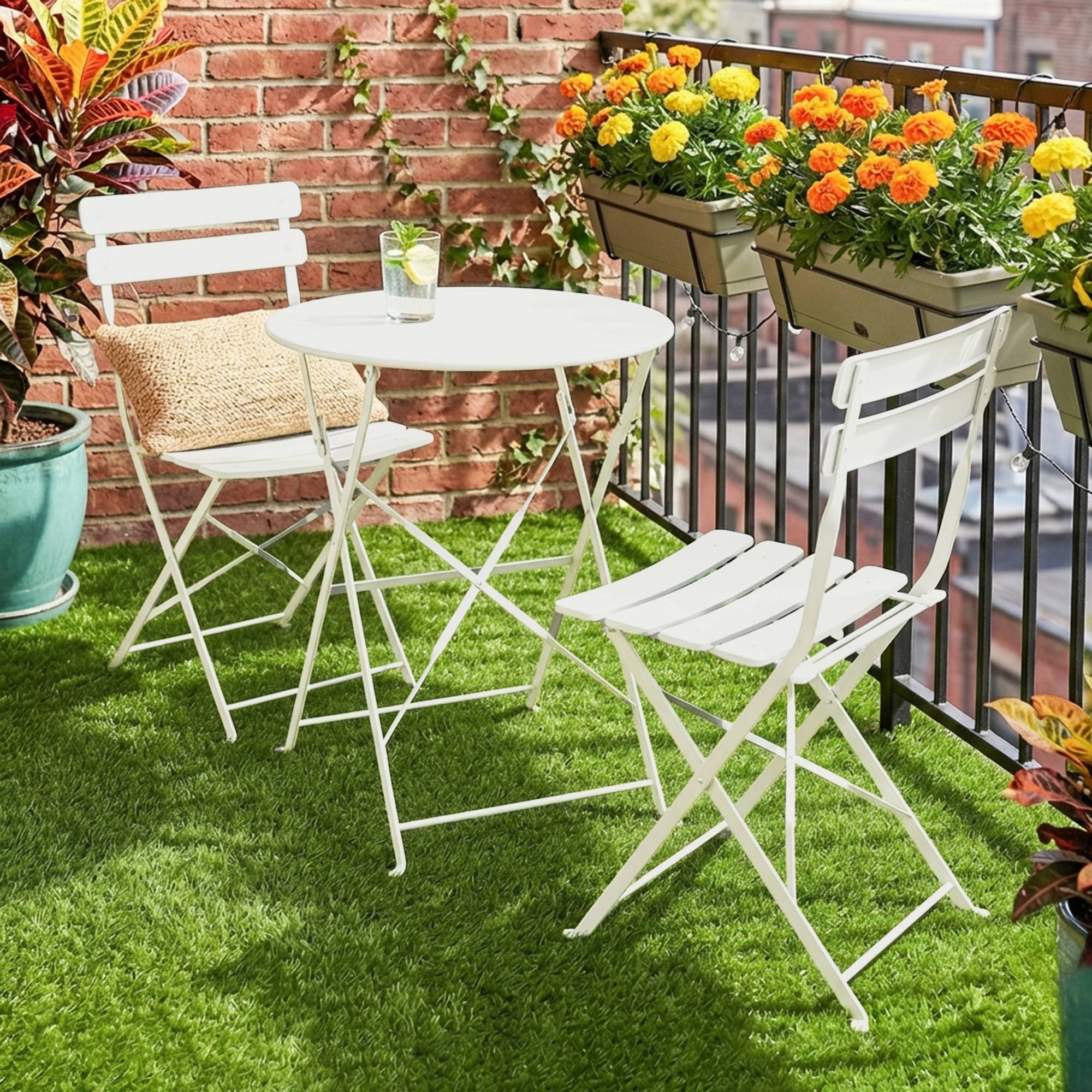 Ensemble Bistrot de Jardin 3 Pièces Table et 2 Chaises Pliantes à Lattes Double Protection Antirouille Crème - Image 4
