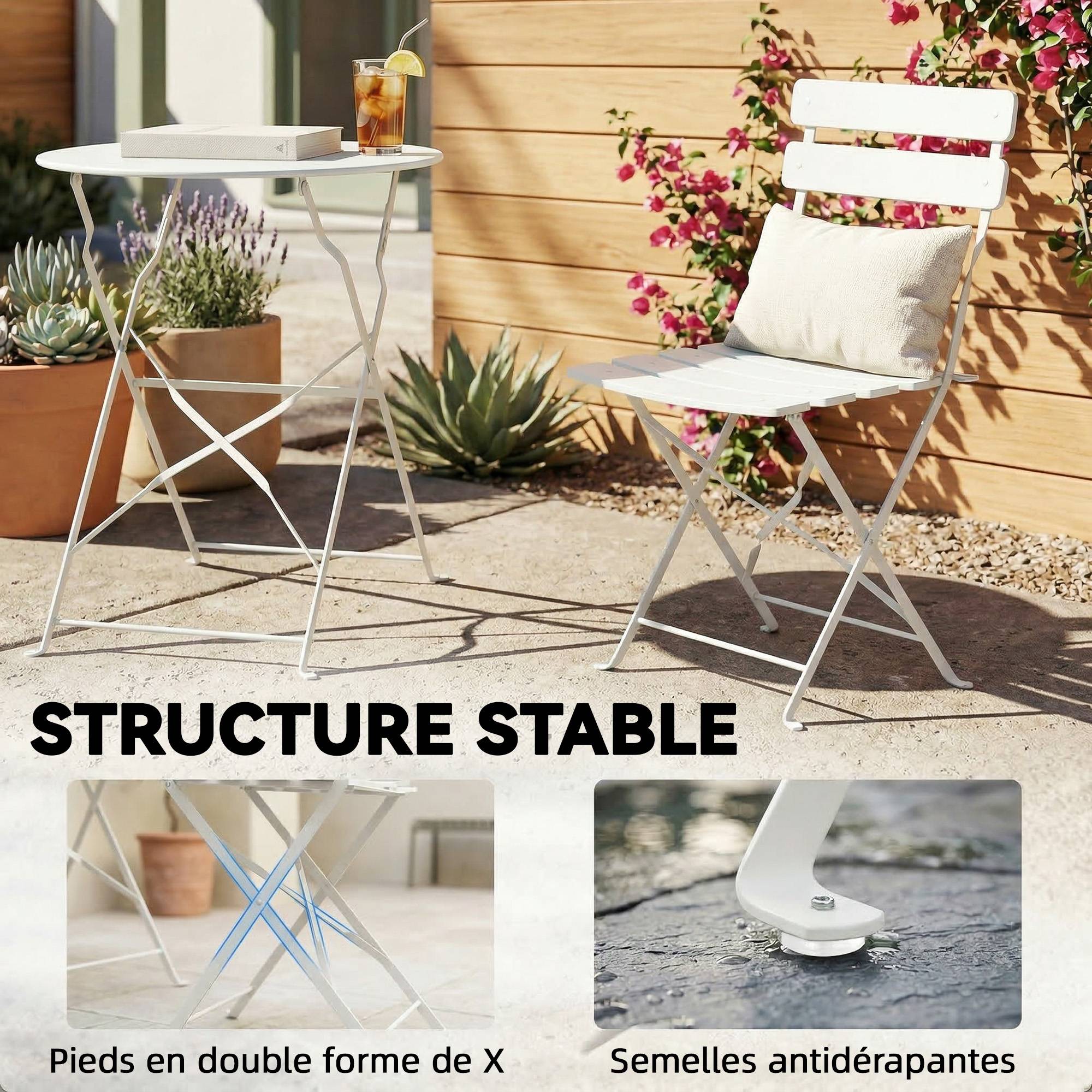 Ensemble Bistrot de Jardin 3 Pièces Table et 2 Chaises Pliantes à Lattes Double Protection Antirouille Crème - Image 10