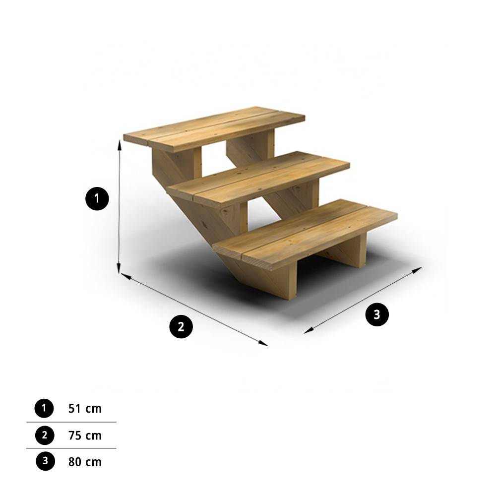 Escalier Bois Exterieur - 3 Marches - Largeur : 80 cm - Marches découpables - Sans Contremarches - Pin du Nord - Image 4