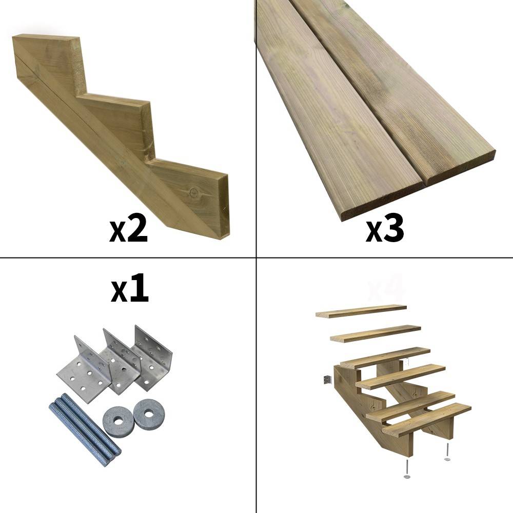 Escalier Bois Exterieur - 3 Marches - Largeur : 80 cm - Marches découpables - Sans Contremarches - Pin du Nord - Image 2