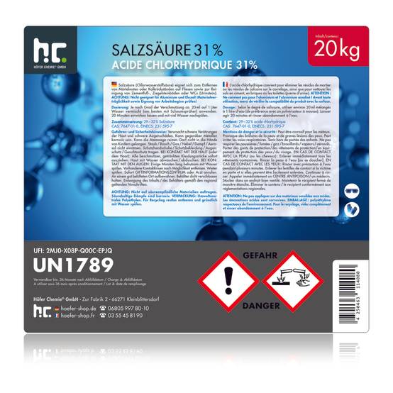 Acide chlorhydrique 29-32% Höfer Chemie® en bidon de 20 KG x 2 - Image 6