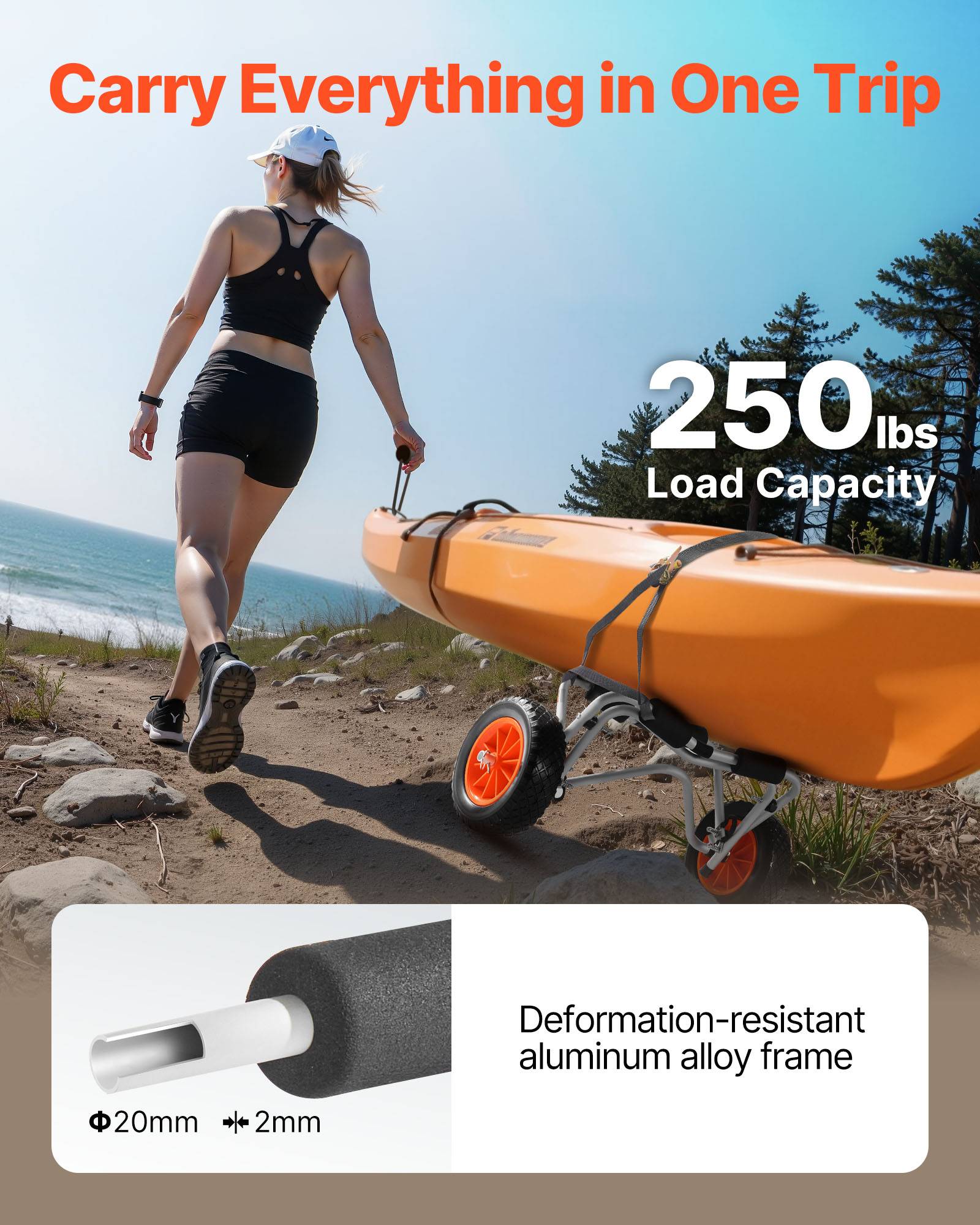 Vevor - VEVOR Chariot de Transport Kayak Paddle Canoë Pliable 113 kg Pneus Plein 25,4 cm - Image 2