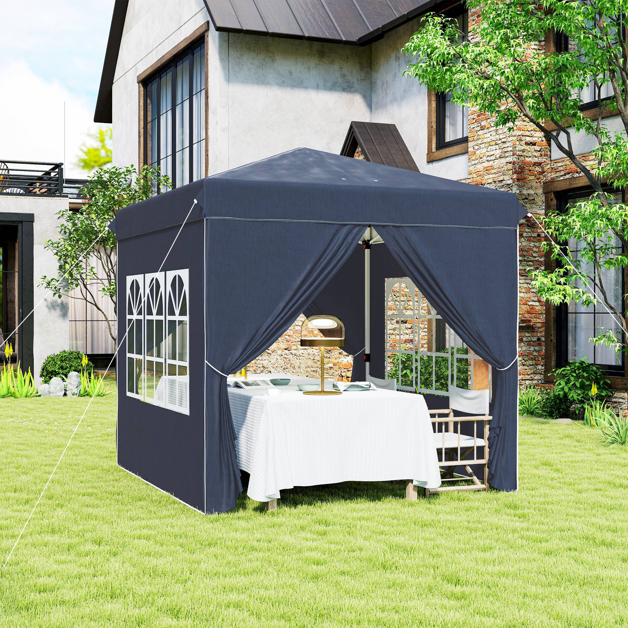 Tente pliante pop-up 2,5 x 2,5 m avec 4 parois latérales anti-UV, hauteur réglable et sac de transport, bleu foncé - Image 4