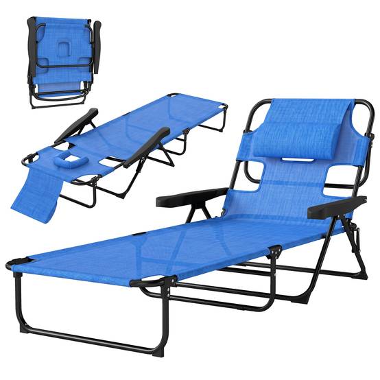 Transat, chaise longue de jardin, chaise longue de détente, pliable, résistant aux intempéries, 194 cm x 72 cm x 31 cm, noir et bleu foncé - Image 2