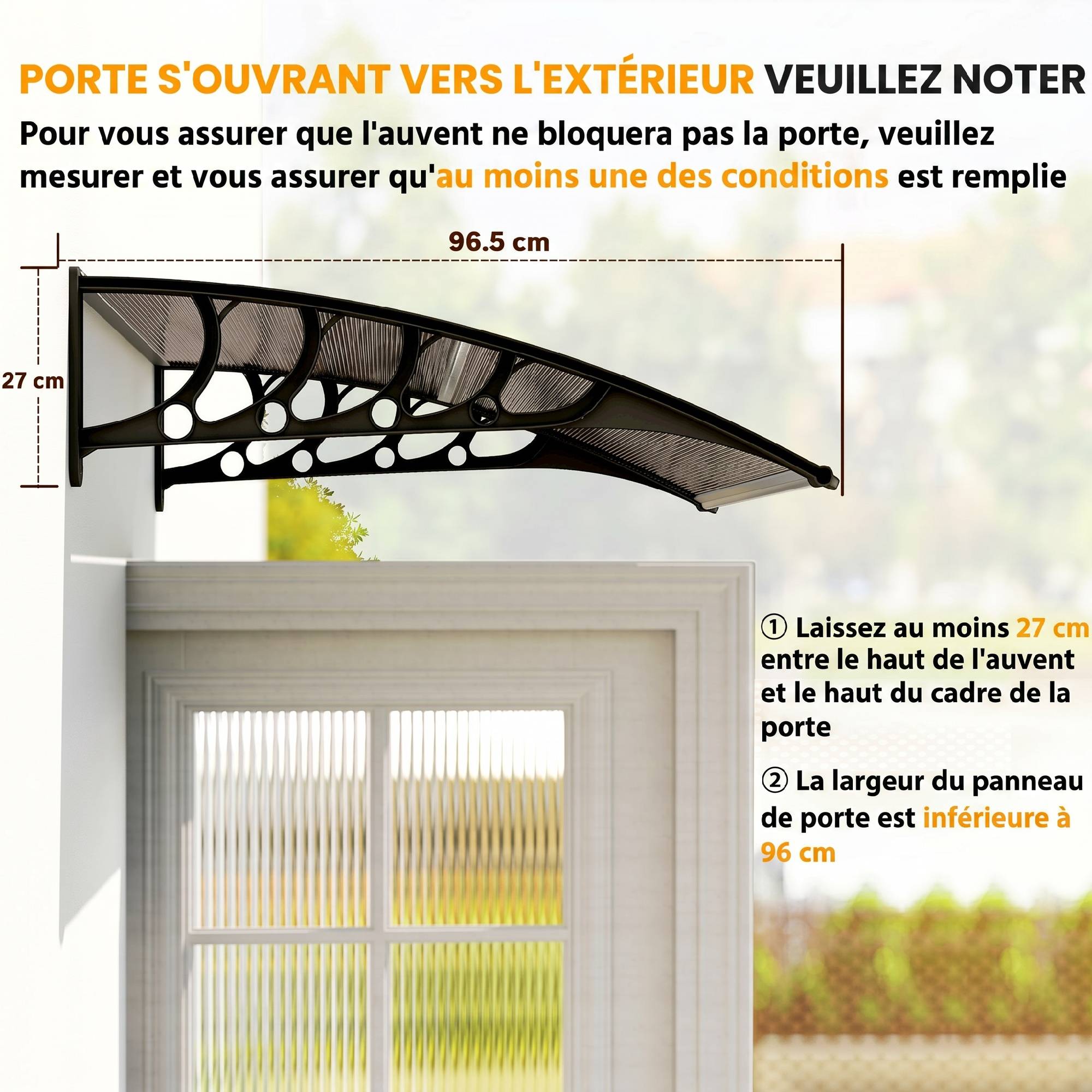 ComfortXL - Marquise de porte extérieure en polycarbonate et aluminium marron 103 x 96,5 cm pour entrée protection UV - Image 7