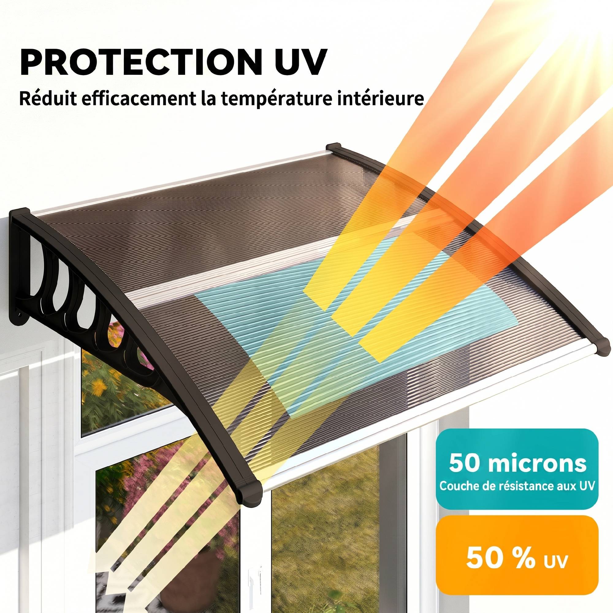 ComfortXL - Marquise de porte extérieure en polycarbonate et aluminium marron 103 x 96,5 cm pour entrée protection UV - Image 4