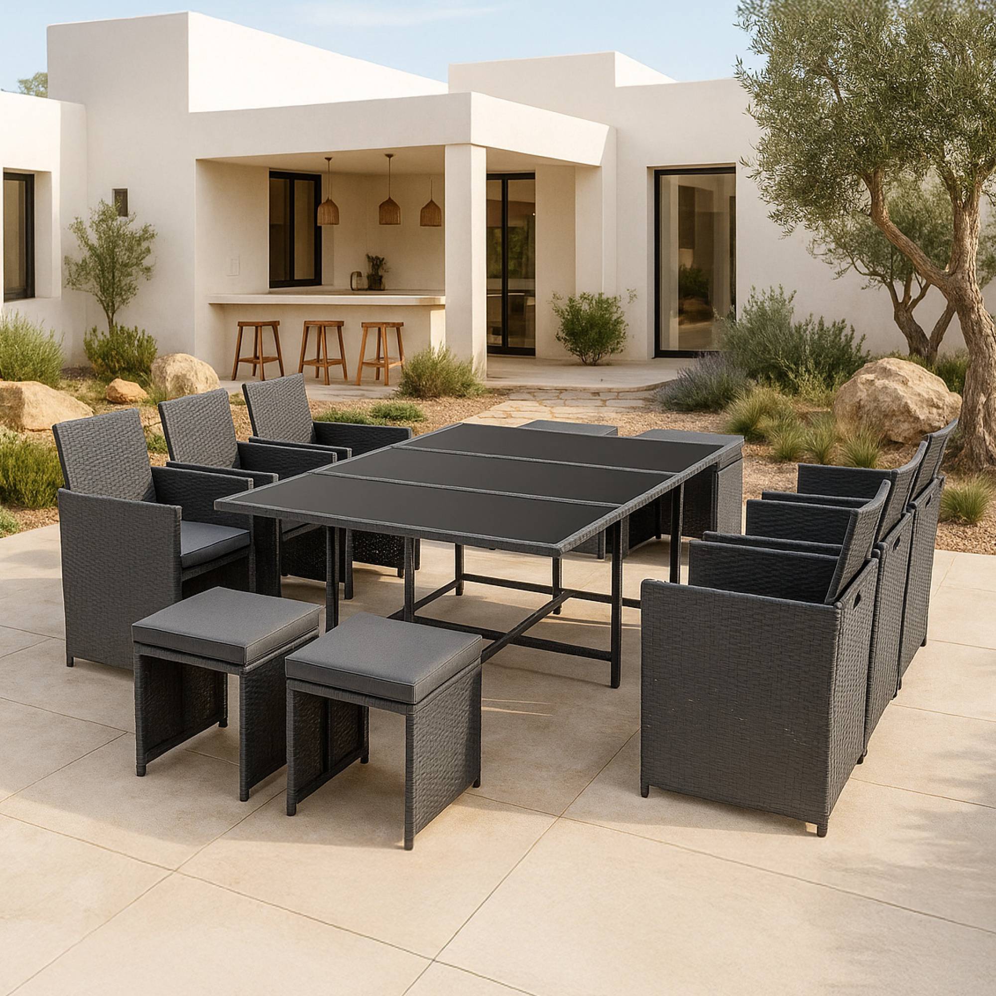 Salon de Jardin Laredo Acier Polyrotin Gris Foncé Coussins Gris Ardoise [en.casa] - Image 1
