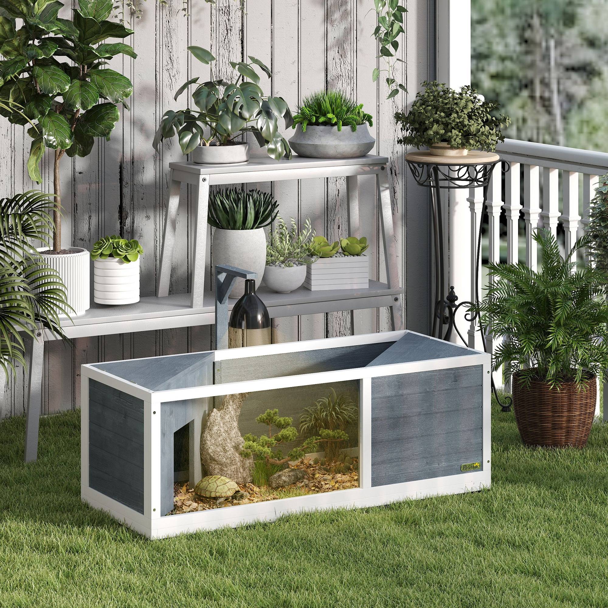 Sans Marque - Maison pour tortues enclos avec toit ouvrant support lampe plateau fenêtre panoramique 120 x 50 x 40 cm gris - Image 3