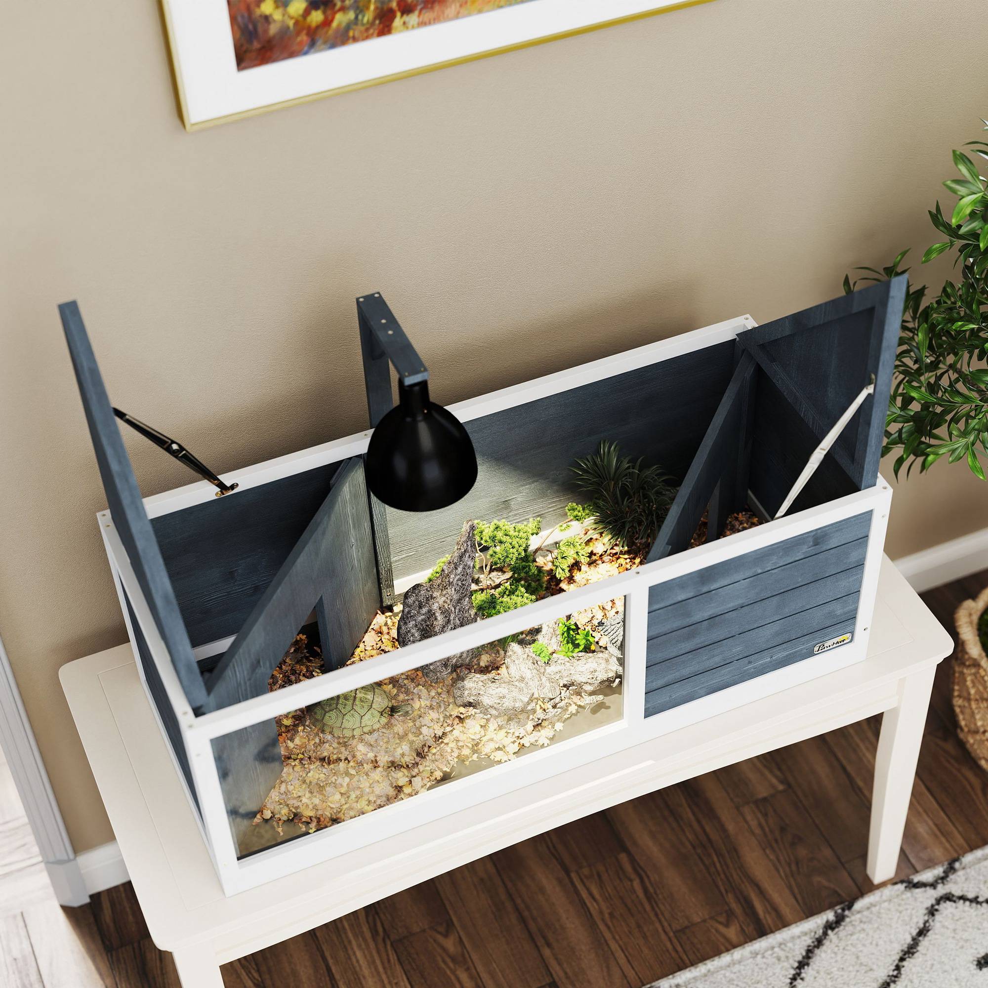 Sans Marque - Maison pour tortues enclos avec toit ouvrant support lampe plateau fenêtre panoramique 120 x 50 x 40 cm gris - Image 10