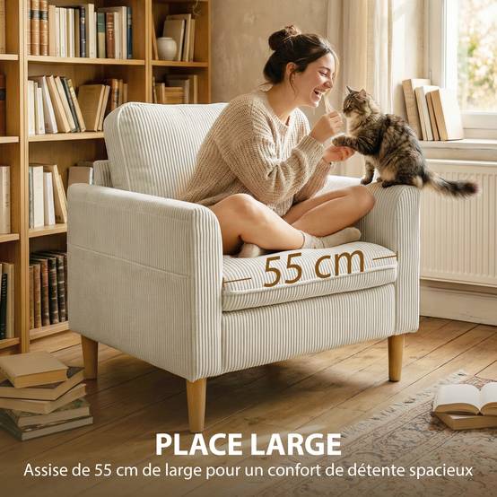 Fauteuil de salon en velours côtelé, canapé 1 place rembourré avec assise large et coussin à ressorts, 83x74x87cm, beige - Image 7