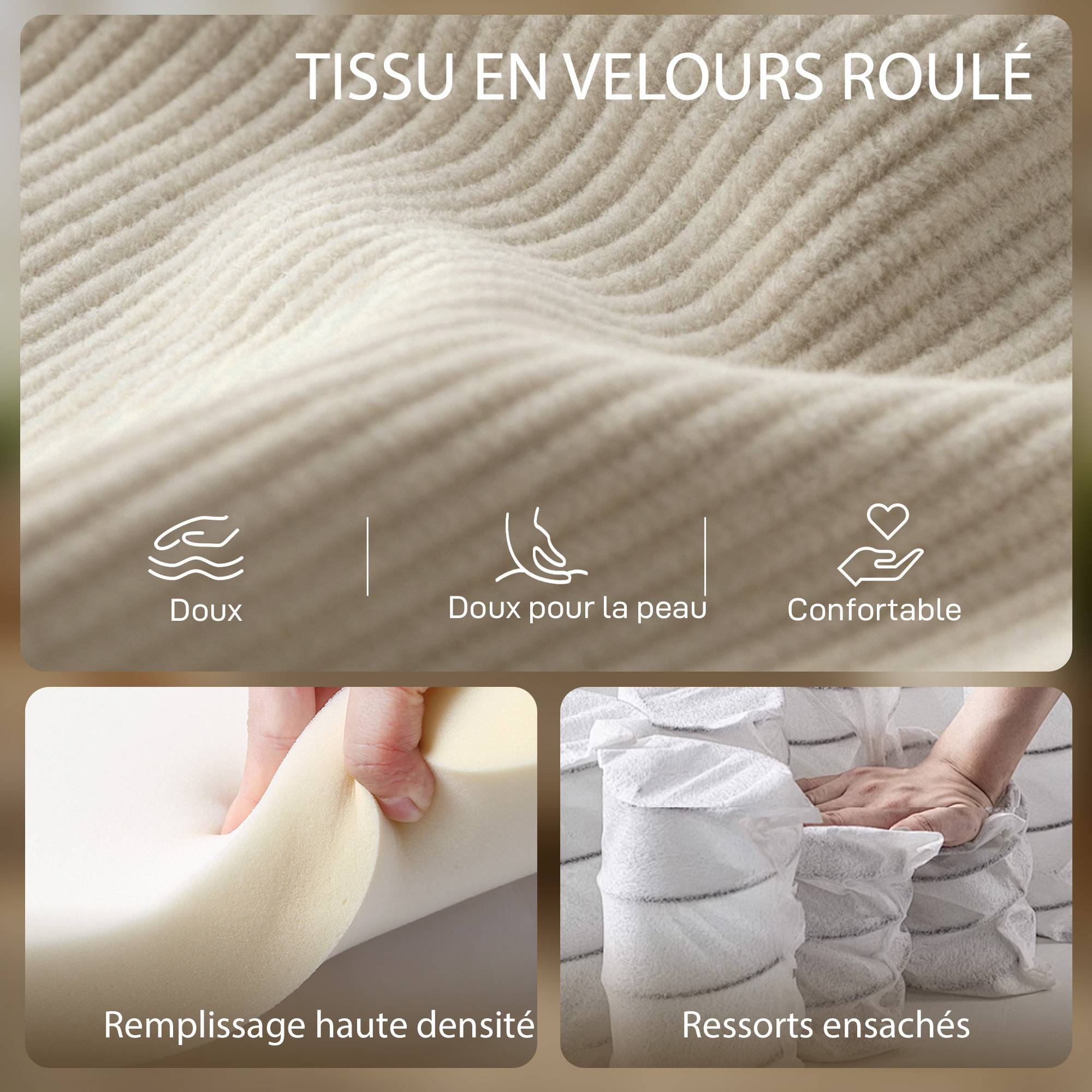 Fauteuil de salon en velours côtelé, canapé 1 place rembourré avec assise large et coussin à ressorts, 83x74x87cm, beige - Image 6