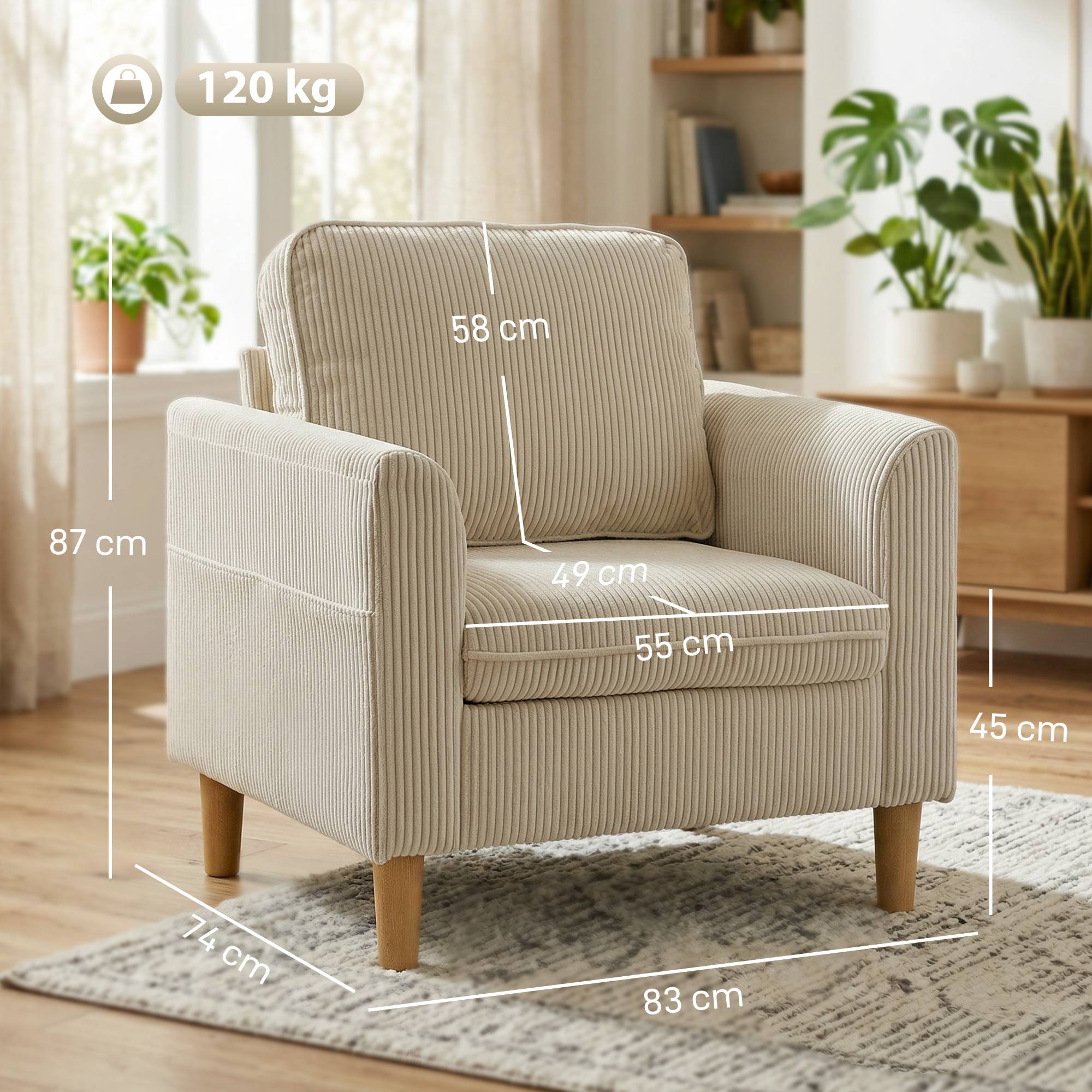 Fauteuil de salon en velours côtelé, canapé 1 place rembourré avec assise large et coussin à ressorts, 83x74x87cm, beige - Image 5