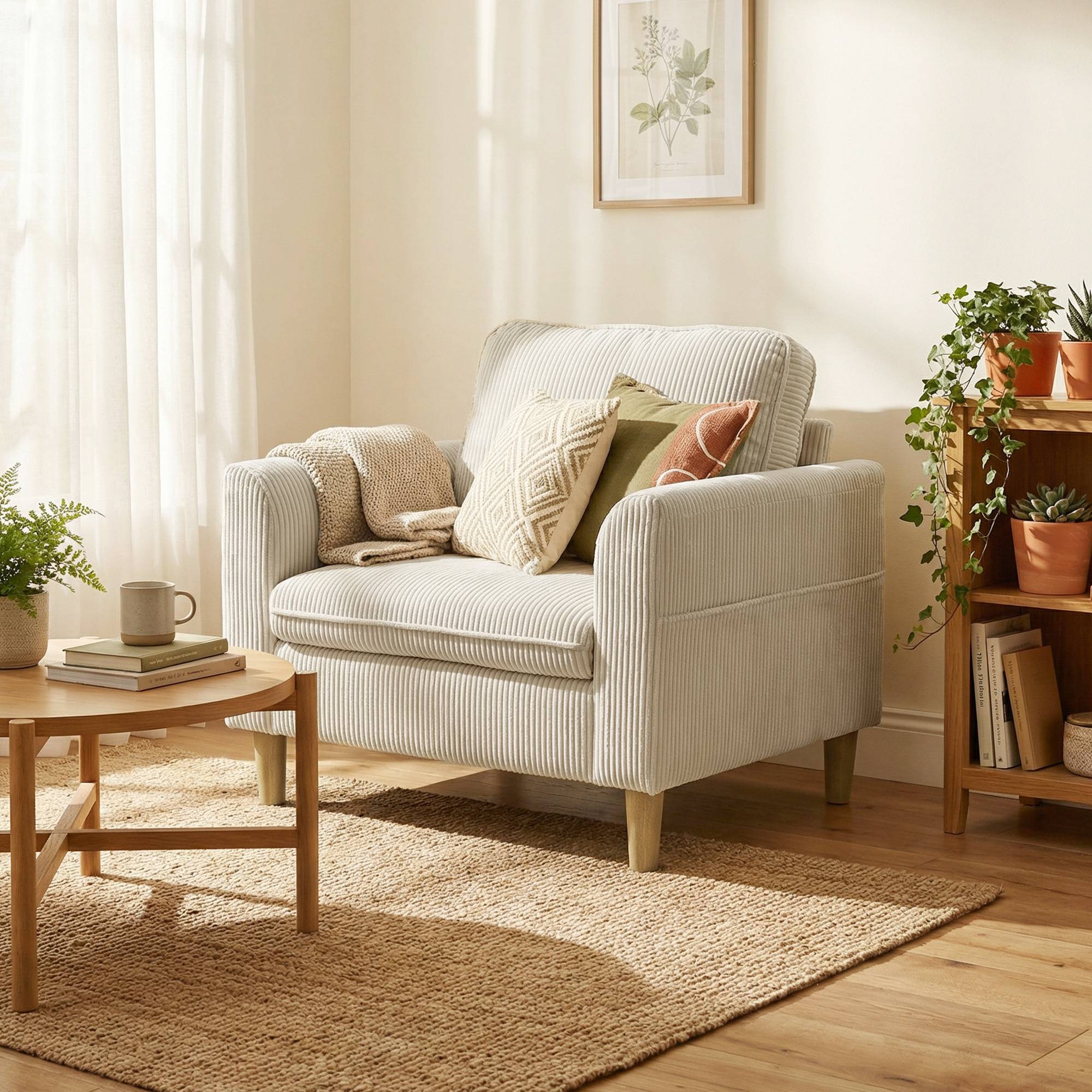Fauteuil de salon en velours côtelé, canapé 1 place rembourré avec assise large et coussin à ressorts, 83x74x87cm, beige - Image 4