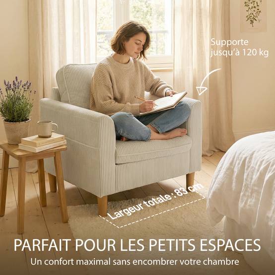 Fauteuil de salon en velours côtelé, canapé 1 place rembourré avec assise large et coussin à ressorts, 83x74x87cm, beige - Image 8