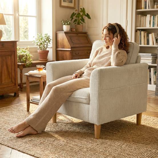 Fauteuil de salon en velours côtelé, canapé 1 place rembourré avec assise large et coussin à ressorts, 83x74x87cm, beige - Image 10