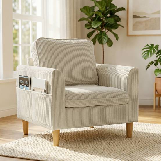 Fauteuil de salon en velours côtelé, canapé 1 place rembourré avec assise large et coussin à ressorts, 83x74x87cm, beige - Image 3