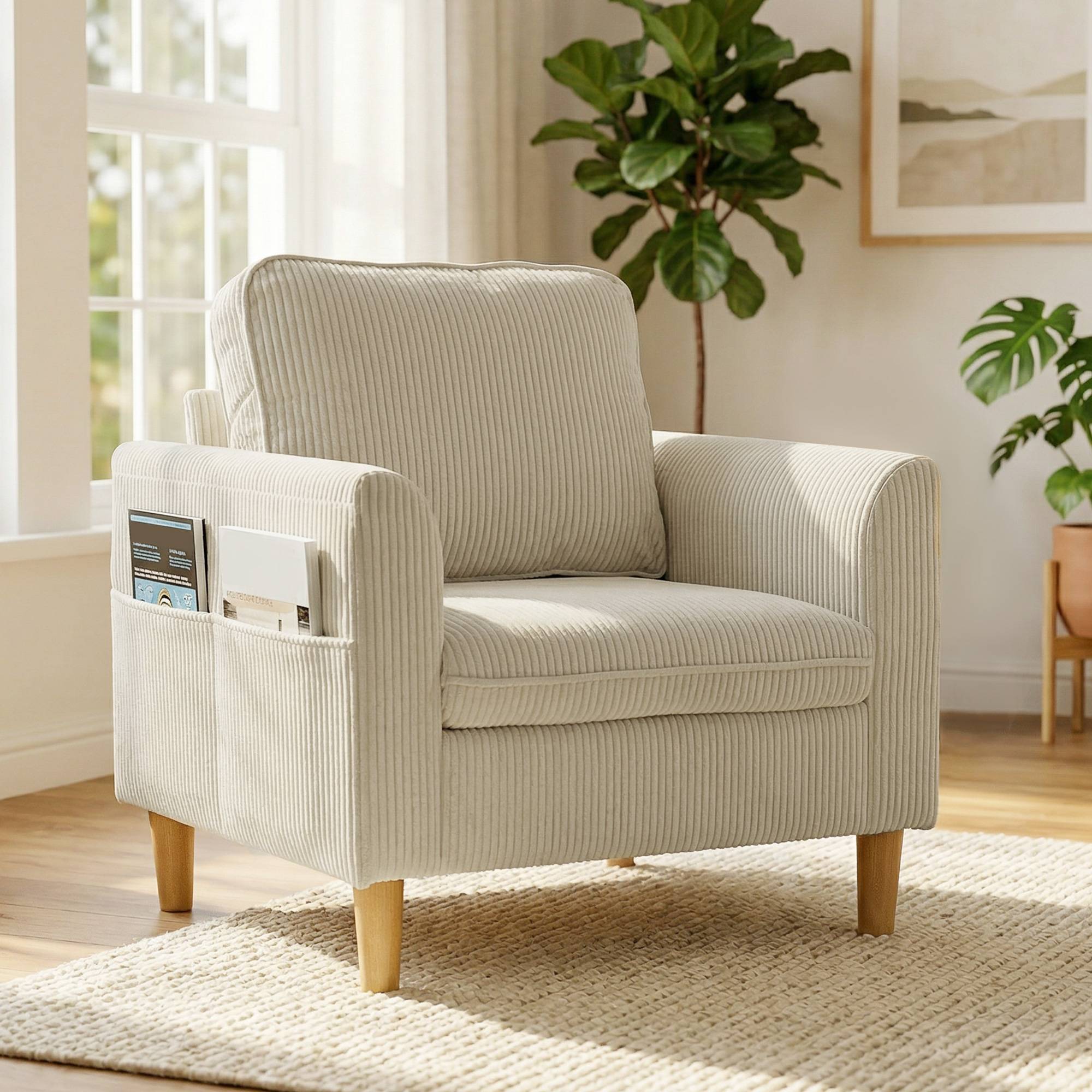 Fauteuil de salon en velours côtelé, canapé 1 place rembourré avec assise large et coussin à ressorts, 83x74x87cm, beige - Image 3