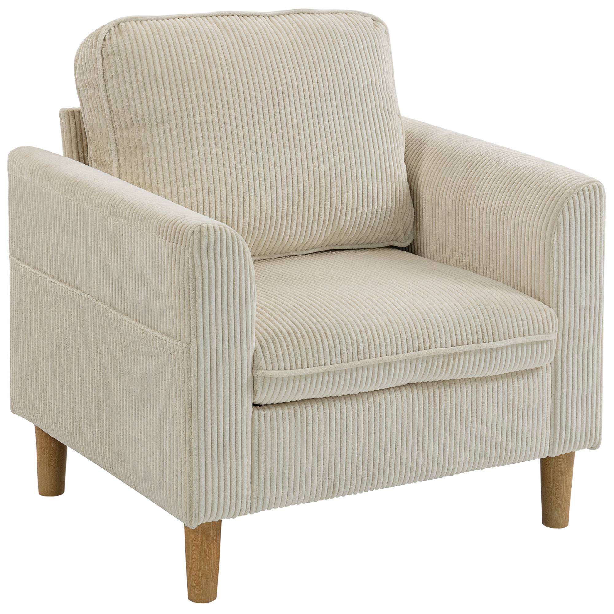 Fauteuil de salon en velours côtelé, canapé 1 place rembourré avec assise large et coussin à ressorts, 83x74x87cm, beige - Image 2