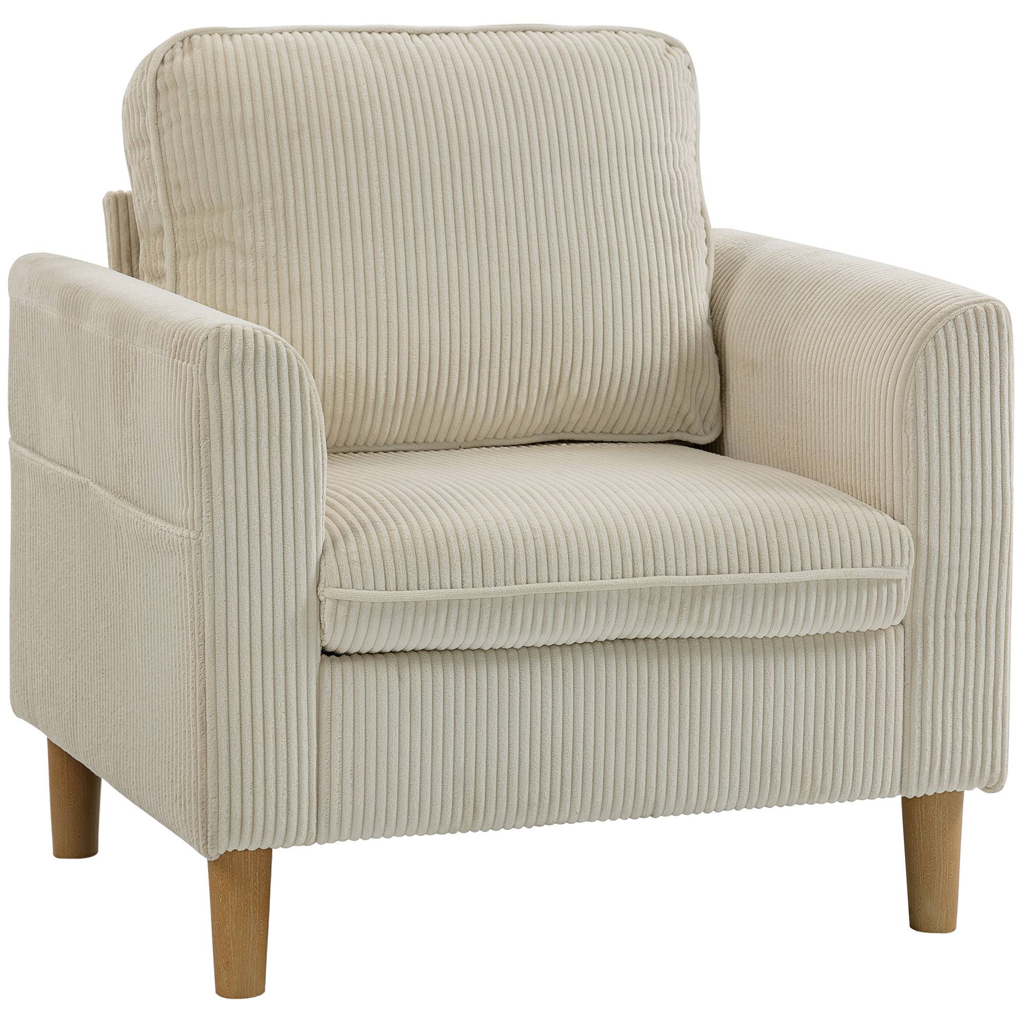 Fauteuil de salon en velours côtelé, canapé 1 place rembourré avec assise large et coussin à ressorts, 83x74x87cm, beige - Image 1