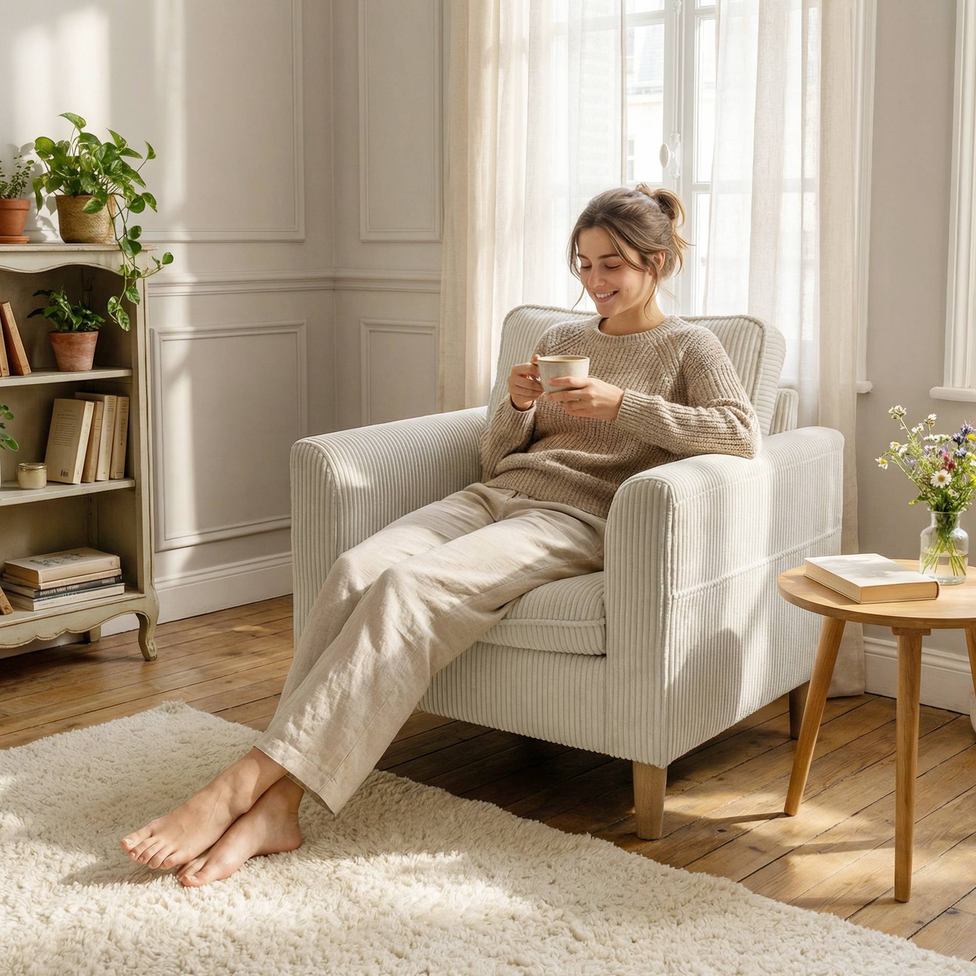 Fauteuil de salon en velours côtelé, canapé 1 place rembourré avec assise large et coussin à ressorts, 83x74x87cm, beige - Image 9