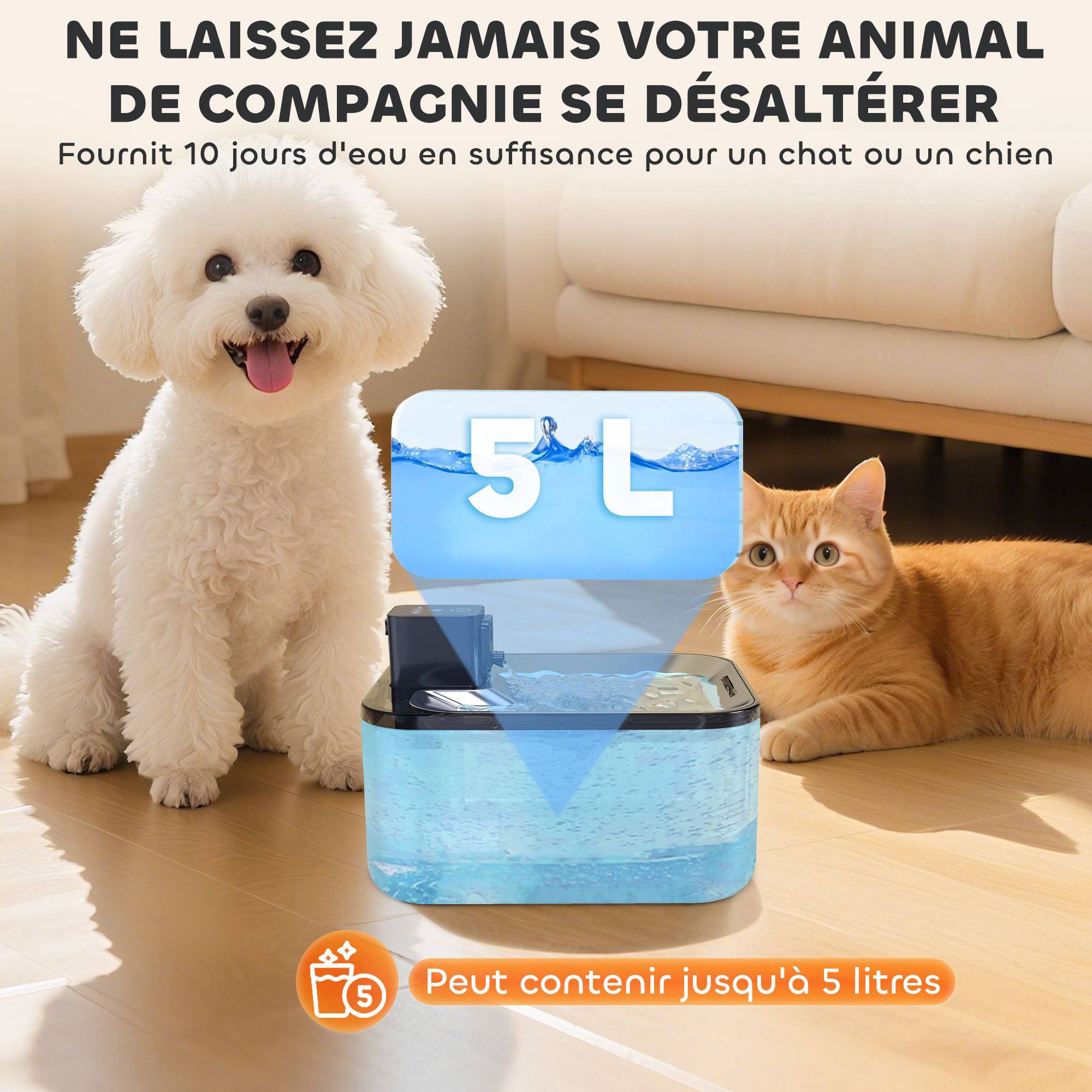 Fontaine eau chat automatique inox 5L silencieuse, filtre 3 étapes, chargeur USB, argent - Image 7