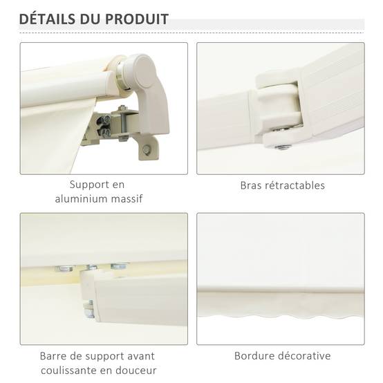 Store Banne Manuel Rétractable 295 x 245 cm avec Manivelle, Angle 45°–85°, Aluminium et Polyester 280 g/m², Terrasse/Balcon, Crème - Image 9