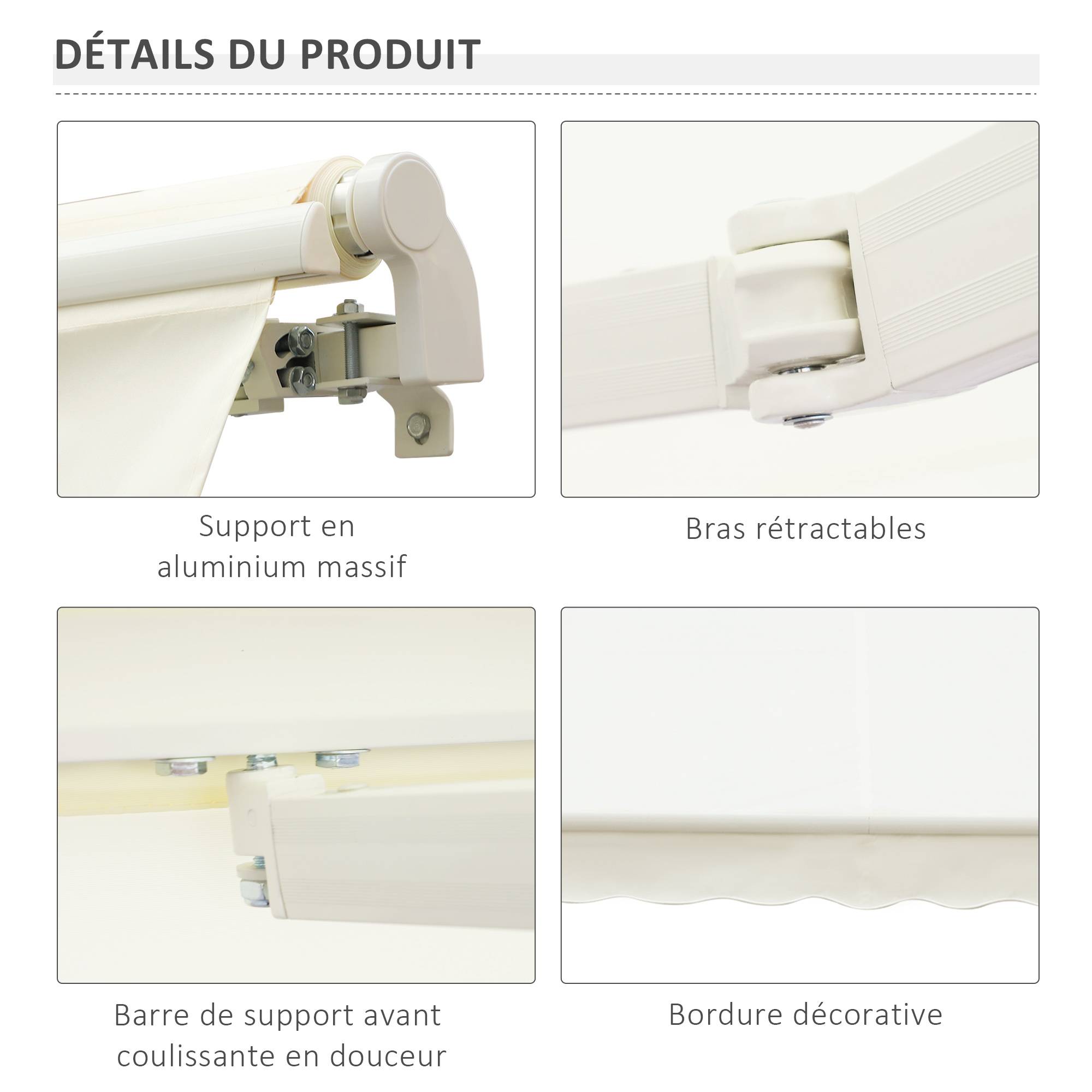 Store Banne Manuel Rétractable 295 x 245 cm avec Manivelle, Angle 45°–85°, Aluminium et Polyester 280 g/m², Terrasse/Balcon, Crème - Image 9
