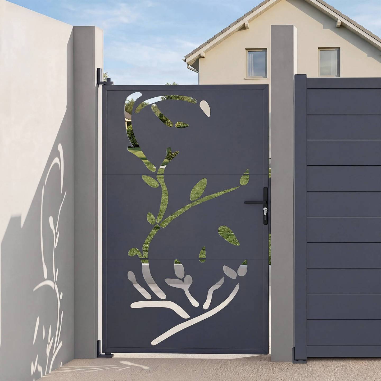 IDMARKET - Portillon 100 x 155 cm en acier gris anthracite avec motifs FLOWER - Image 1