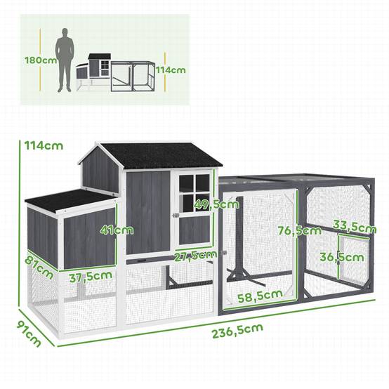 Poulailler avec enclos pour 3 à 4 poules, pondoir 3 pièces, surface de 1,9 m², bois de sapin, gris - Image 5