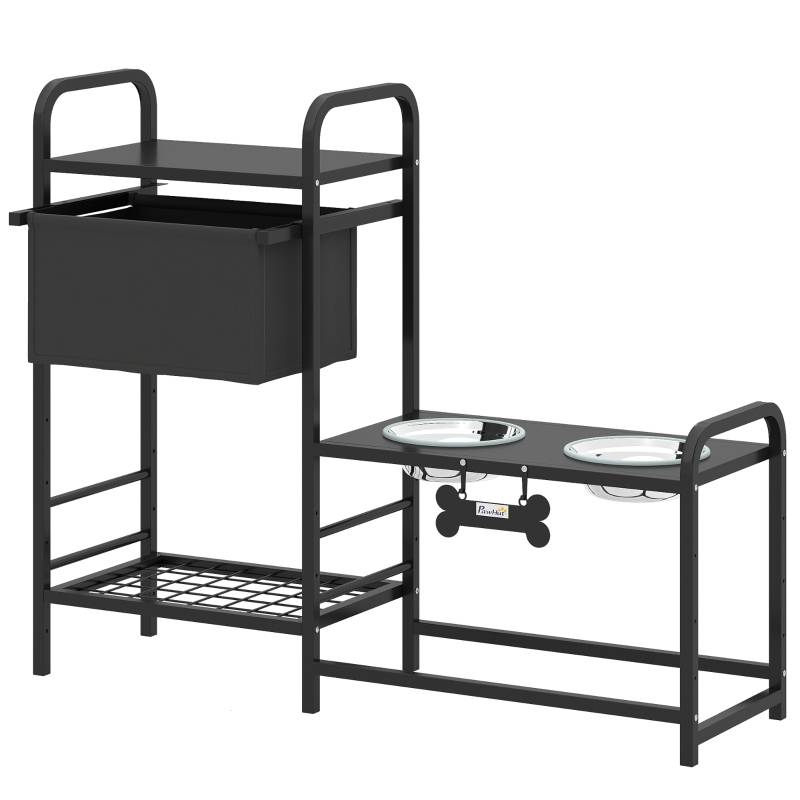 Station de Nourriture pour Chien Élevée avec 2 Bols en Acier Inoxydable, Réglable en Hauteur, 89.5 x 27 x 74 cm, Noir - PANGIVO - Image 1