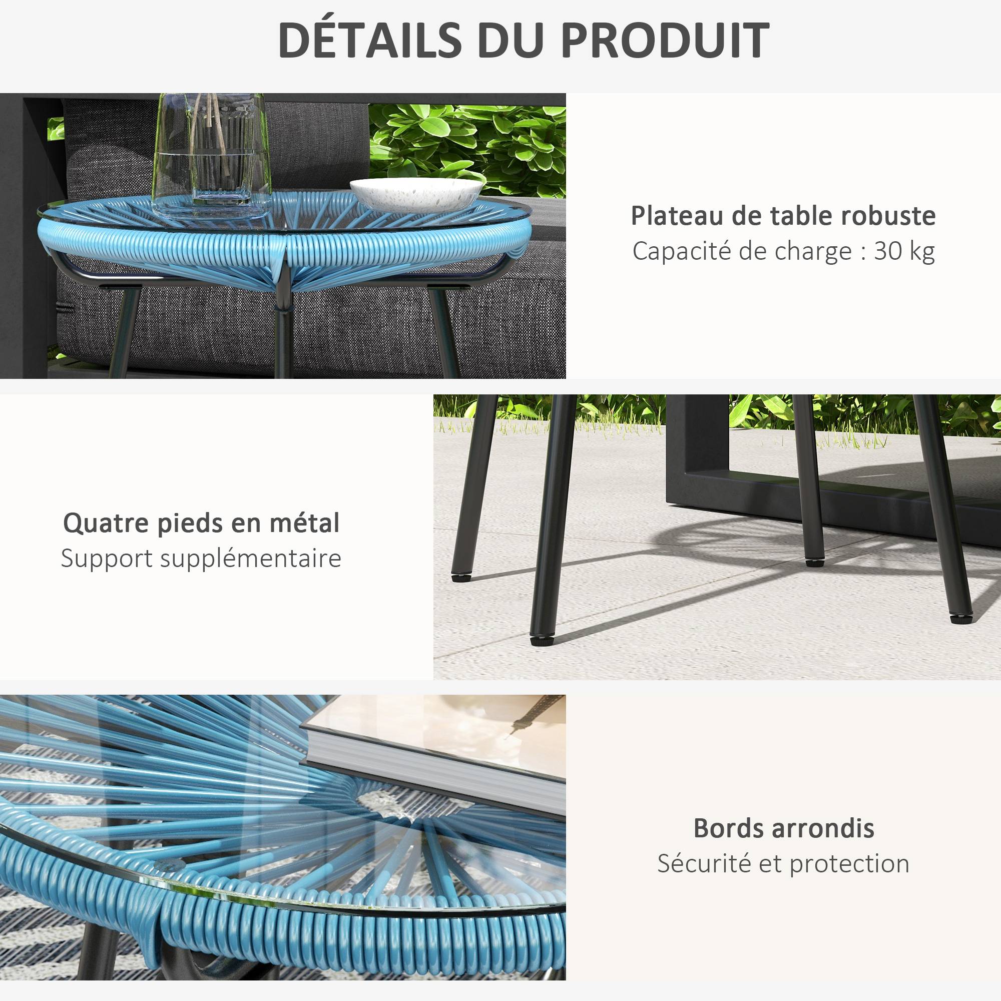 Table basse ronde de jardin en résine aspect rotin métal et plateau verre trempé Ø 50 x 50H cm - Image 8