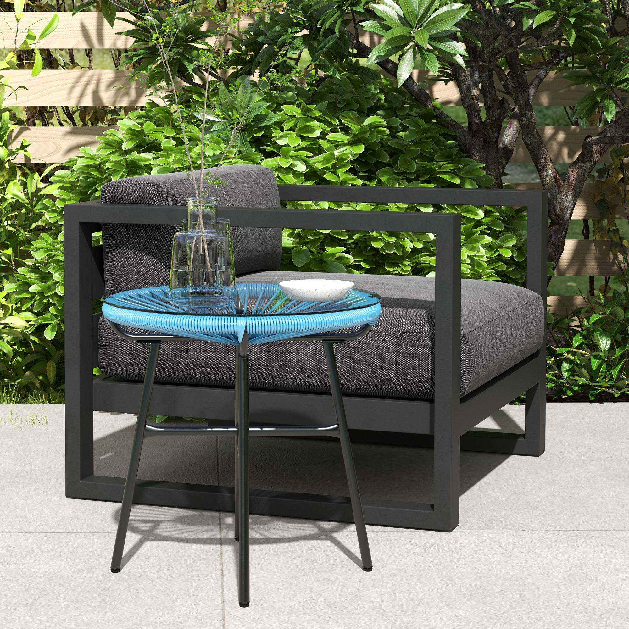 Table basse ronde de jardin en résine aspect rotin métal et plateau verre trempé Ø 50 x 50H cm - Image 4