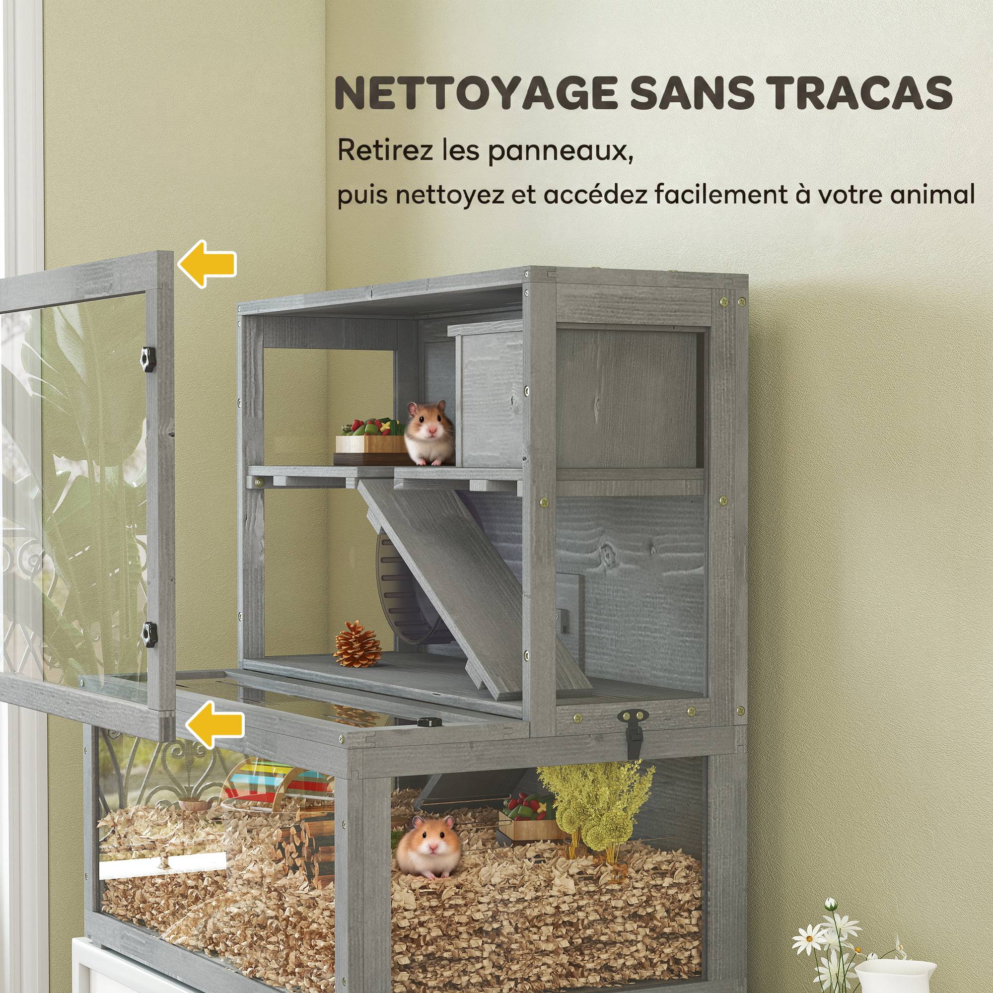 Cage hamster bois 3 niveaux, cabane, roue, rampes, panneau transparent, espaces séparés, 80x50x84cm, gris - Image 9
