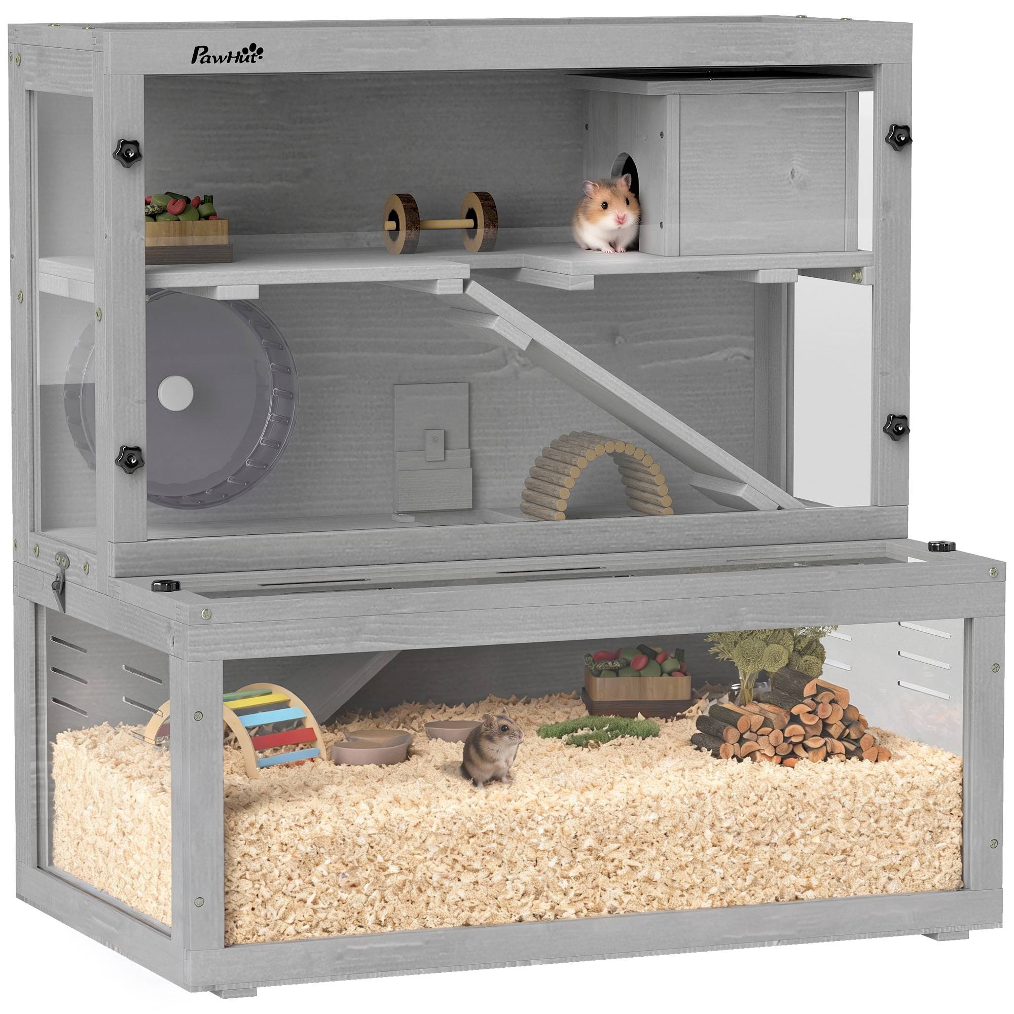 Cage hamster bois 3 niveaux, cabane, roue, rampes, panneau transparent, espaces séparés, 80x50x84cm, gris - Image 1