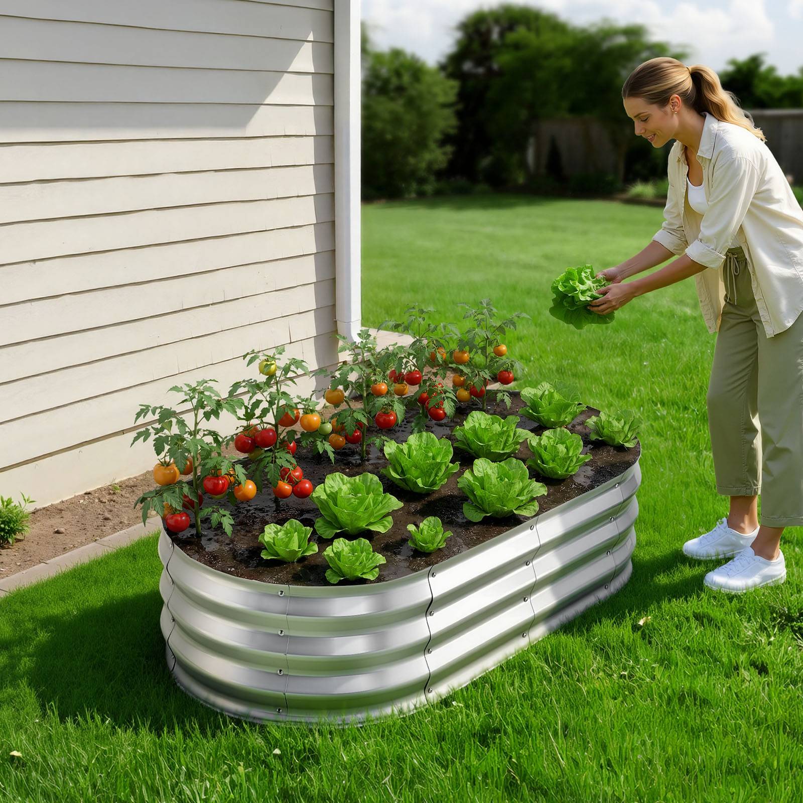 Vevor - VEVOR Carré Potager Surélevé en Métal Lit de Jardin Ovale 120x60x30 cm Argenté - Image 8