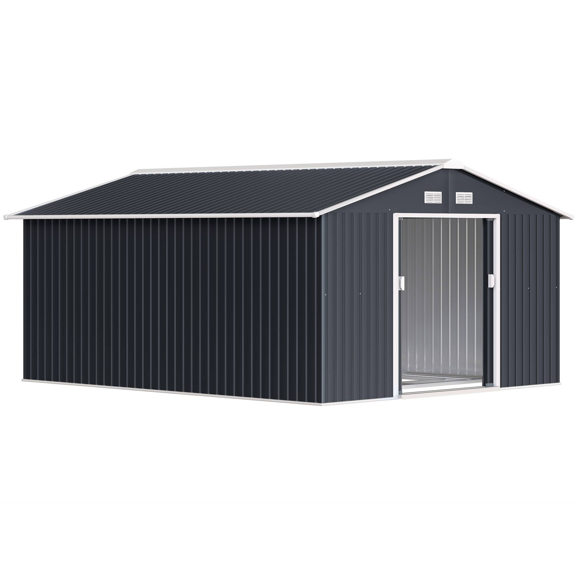 Sans Marque - Abri jardin acier galvanisé 12,4m² fondation aérations toit pente double porte outils gris - Image 2
