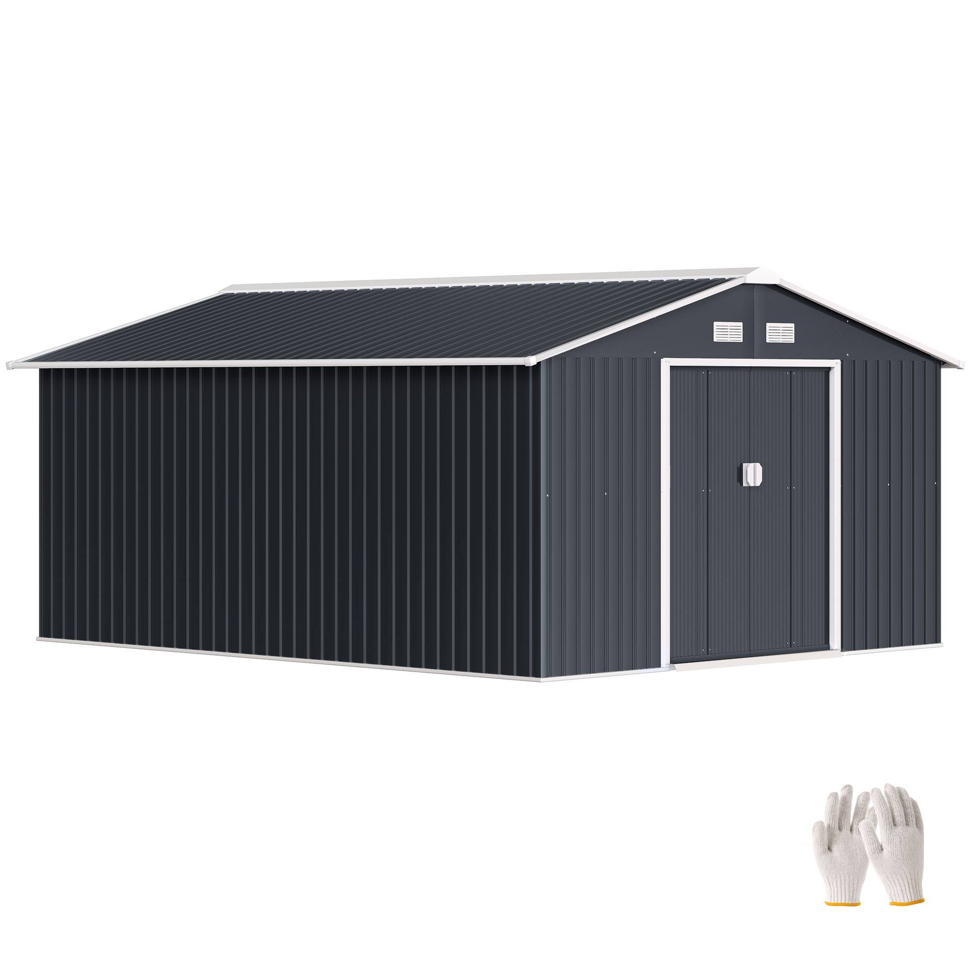 Sans Marque - Abri jardin acier galvanisé 12,4m² fondation aérations toit pente double porte outils gris - Image 1