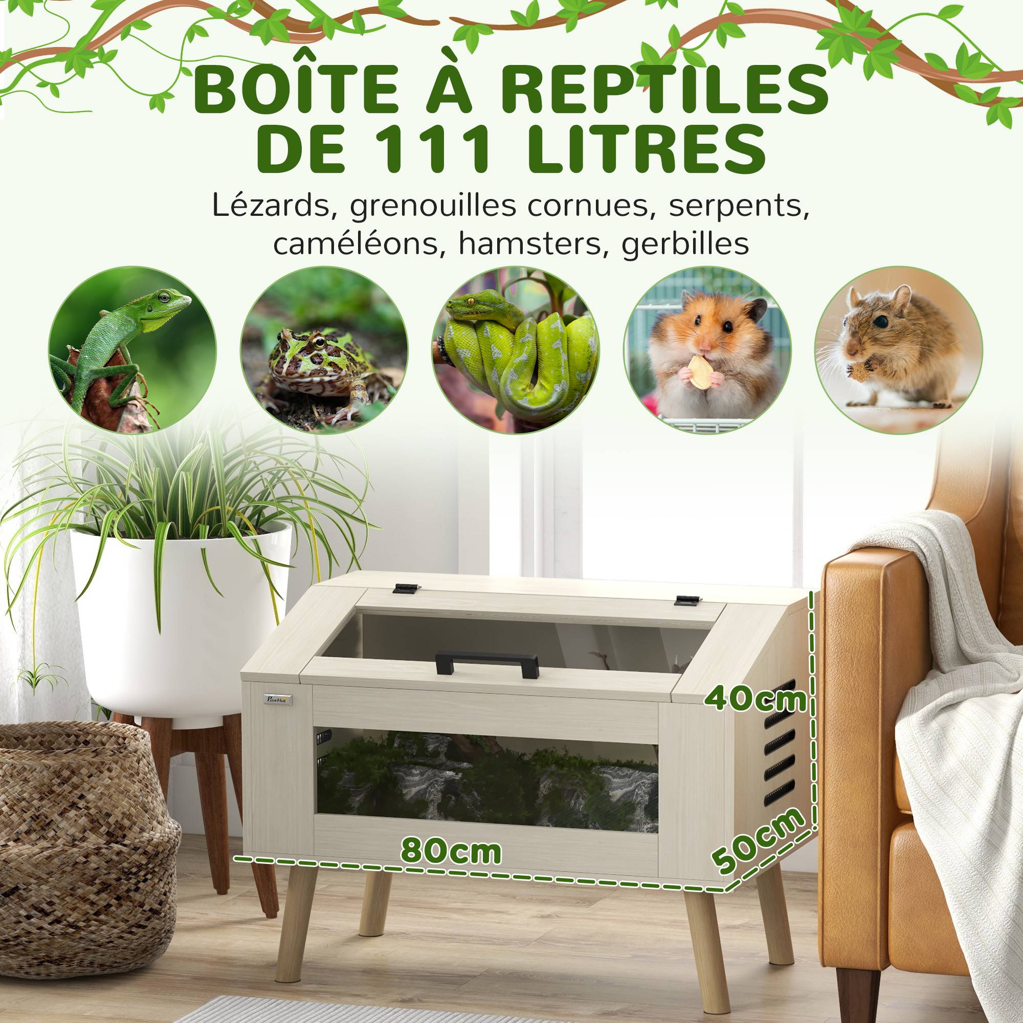 Sans Marque - Terrarium pour reptiles, vivarium pour serpents 111L avec fenêtres en verre trempé, couvercle, 80 x 50 x 60 cm - Image 6
