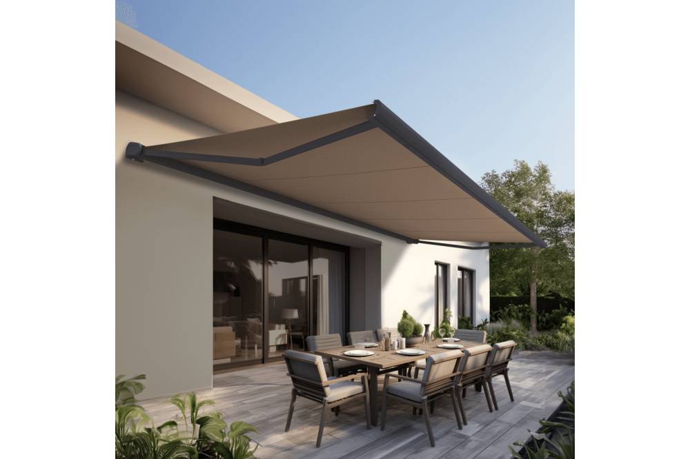 Ombrazur - Store banne Coffre intégral PROTECT 2 Gris Anthracite 5x3,5m Motorisé à  télécommande - Toile Taupe OMBRAZUR - Image 2
