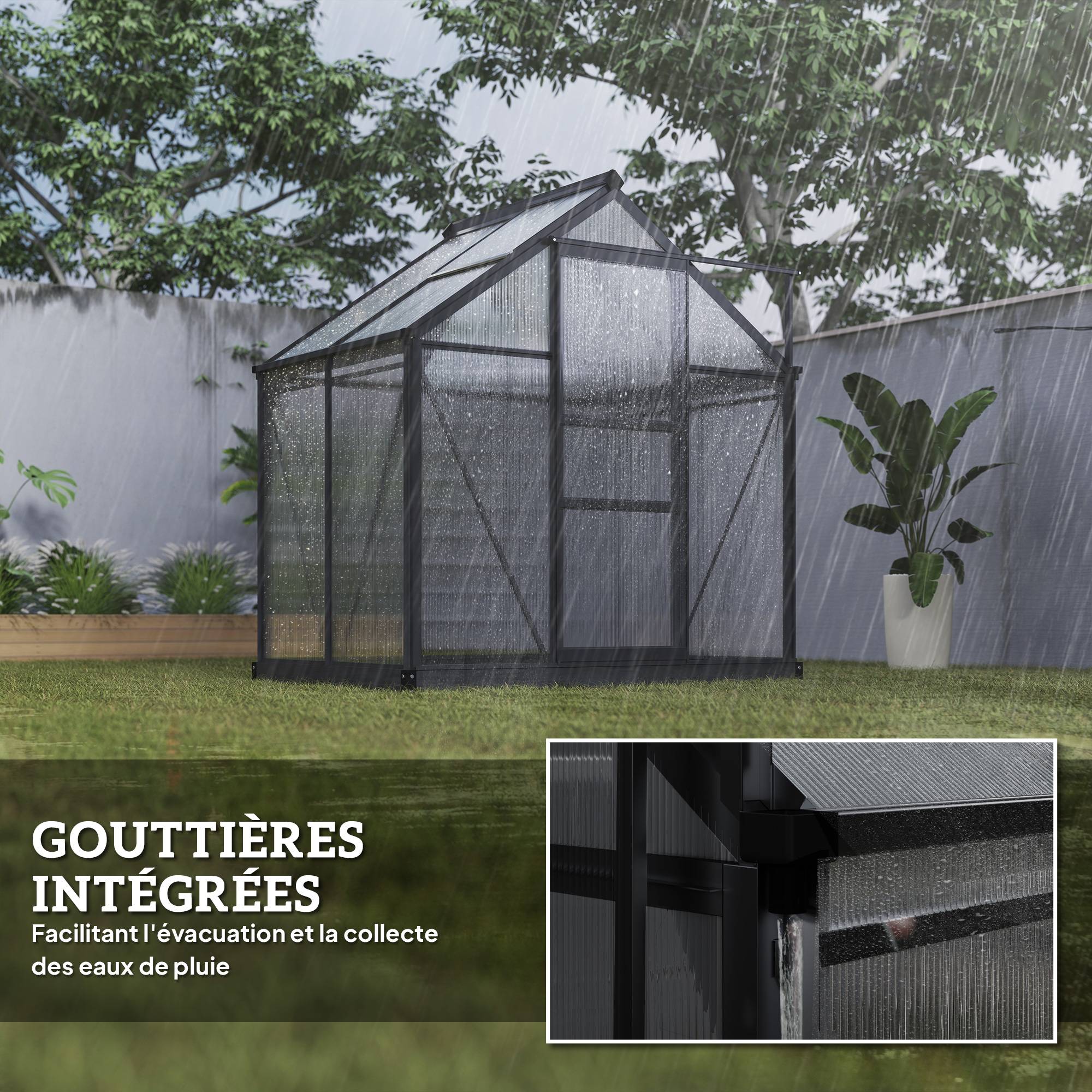 Sans Marque - Serre de jardin polycarbonate 190x132x201 cm UV 30+ fondation renforcée gouttière serre potager gris - Image 9
