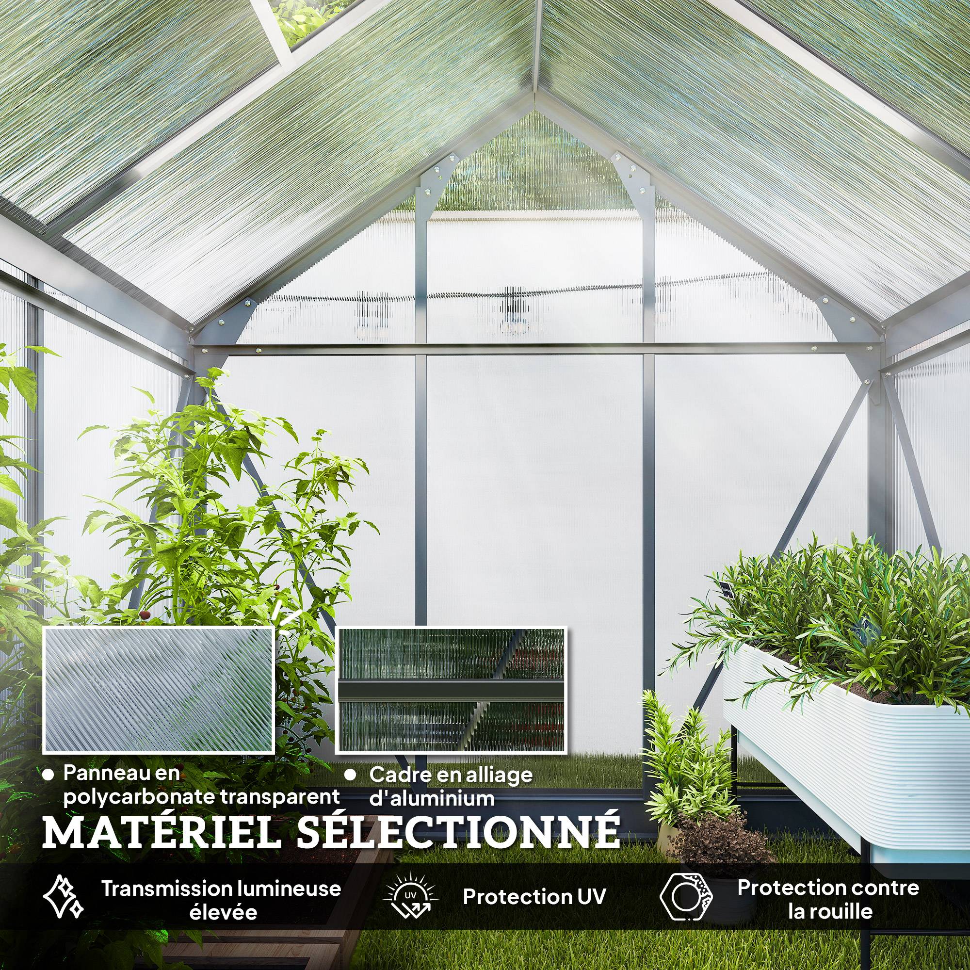 Sans Marque - Serre de jardin polycarbonate 190x132x201 cm UV 30+ fondation renforcée gouttière serre potager gris - Image 7