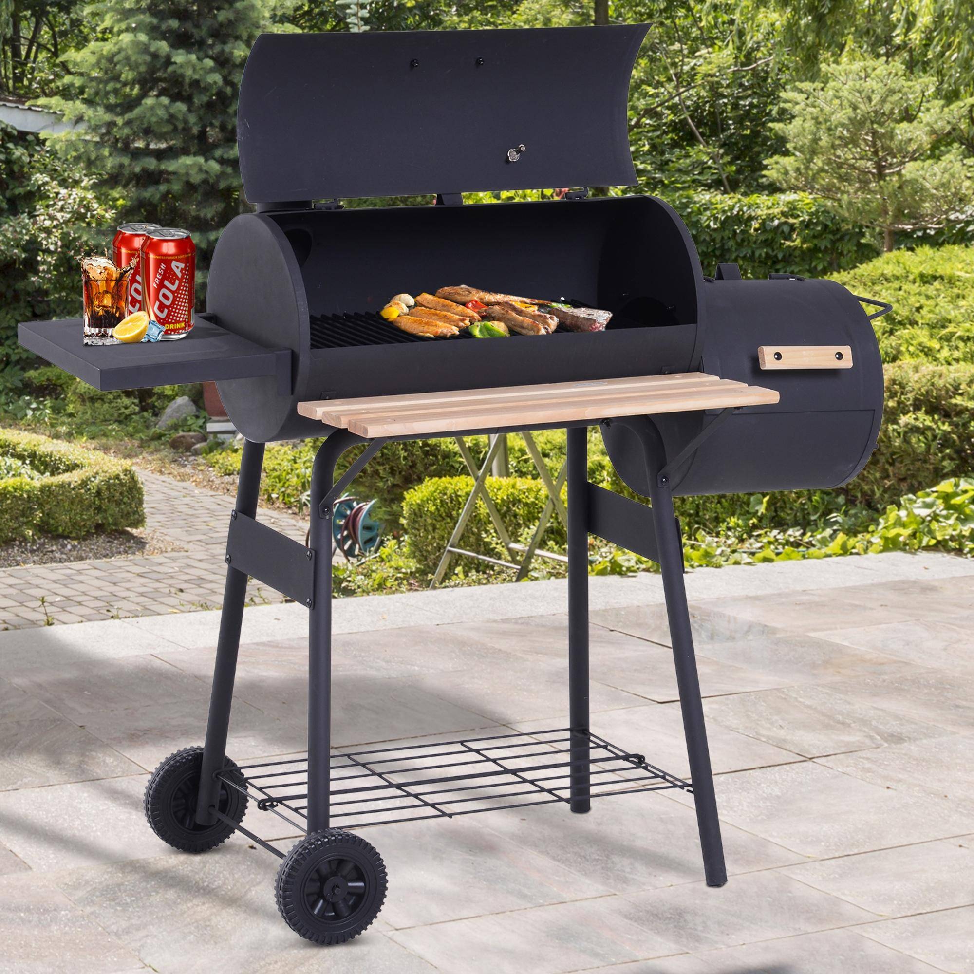 Barbecue à charbon fumoir acier jardin terrasse cuisson grillade et fumage noir 124 cm - ComfortXL Outdoor Living - Image 4
