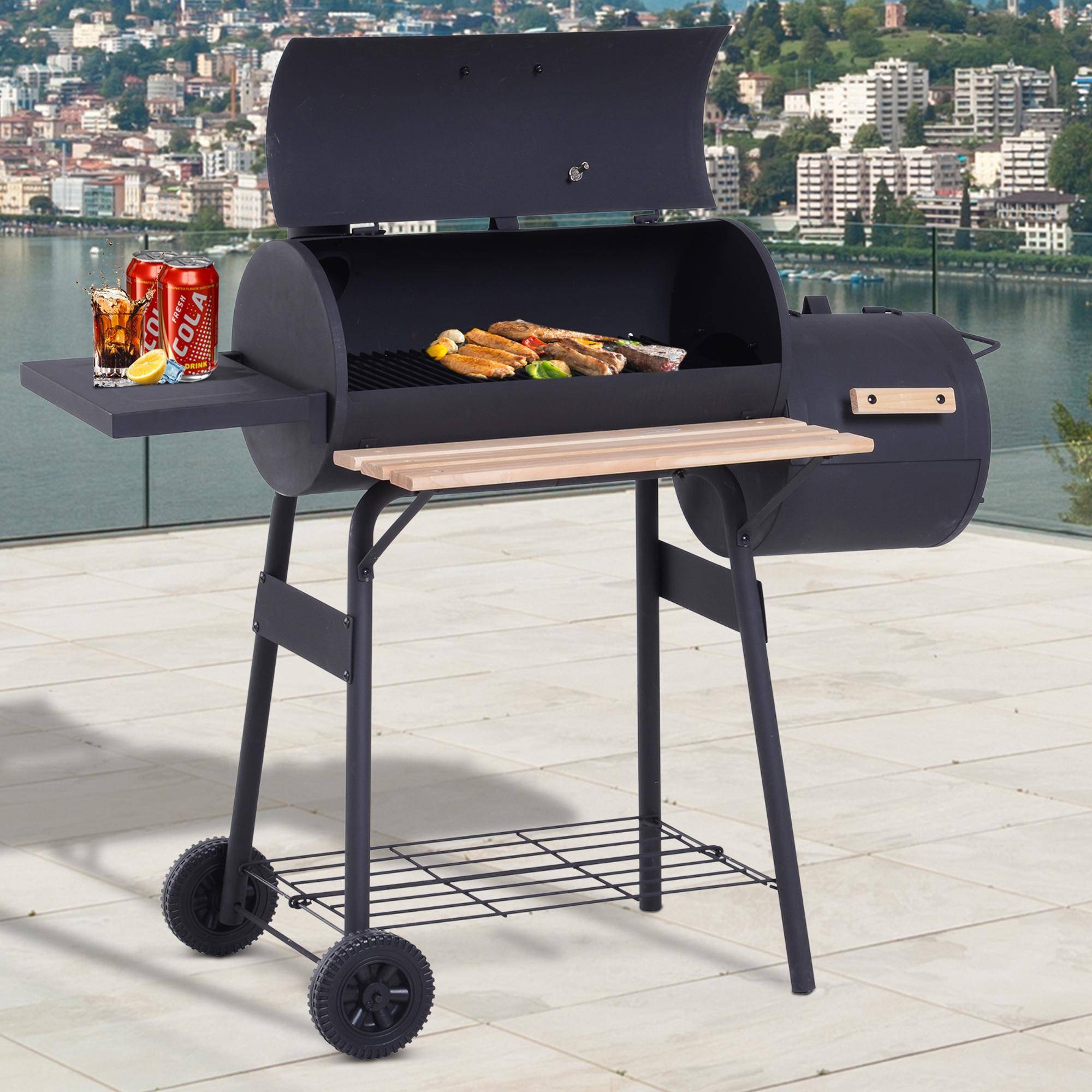 Barbecue à charbon fumoir acier jardin terrasse cuisson grillade et fumage noir 124 cm - ComfortXL Outdoor Living - Image 3