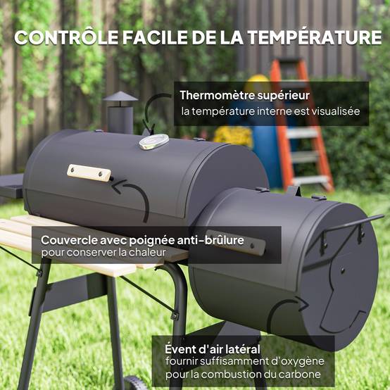 Barbecue à charbon fumoir acier jardin terrasse cuisson grillade et fumage noir 124 cm - ComfortXL Outdoor Living - Image 8
